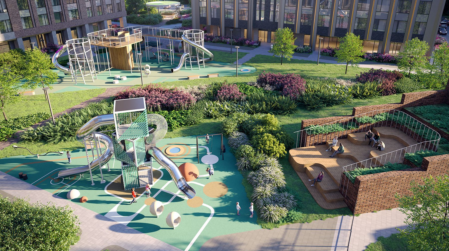 Двор: павильон с качелями, детская площадка PlayHub, вид на игровую зону сверху