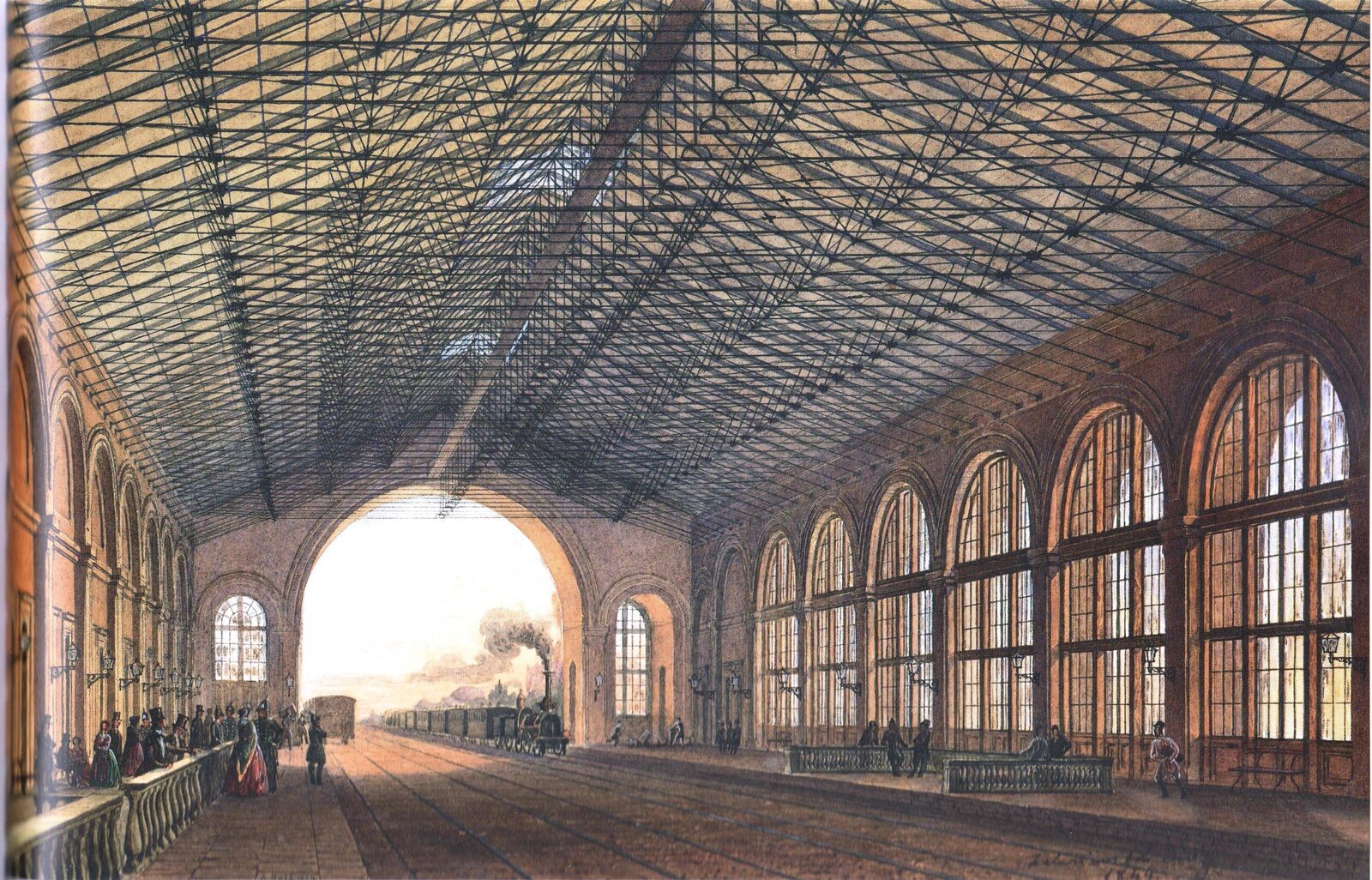 Дебаркадер вокзала Петербург–Москва. Рисунок А. Х. Кольба, 1844 год