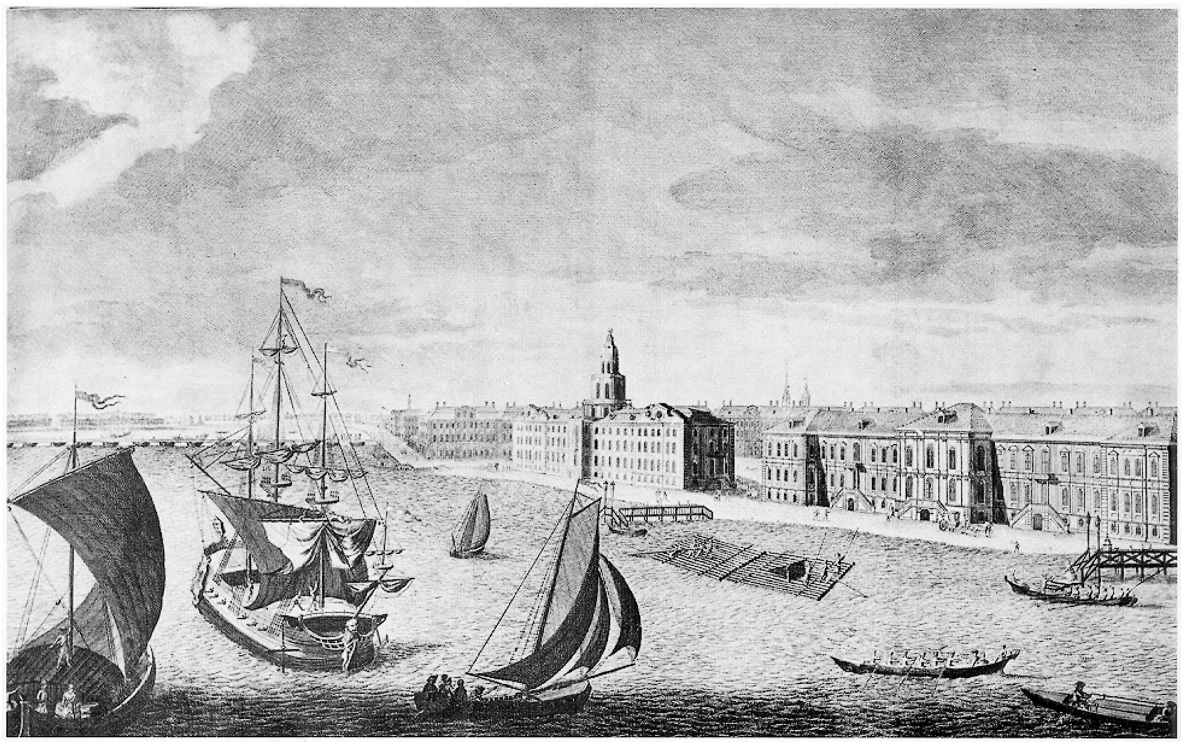 Здание Академии наук на набережной Большой Невы. Гравюра 1753 года