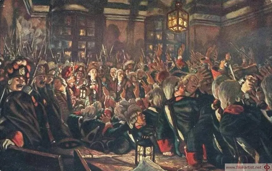Елизавета Петровна у казарм Преображенского полка. Евгений Лансере, 1913 год