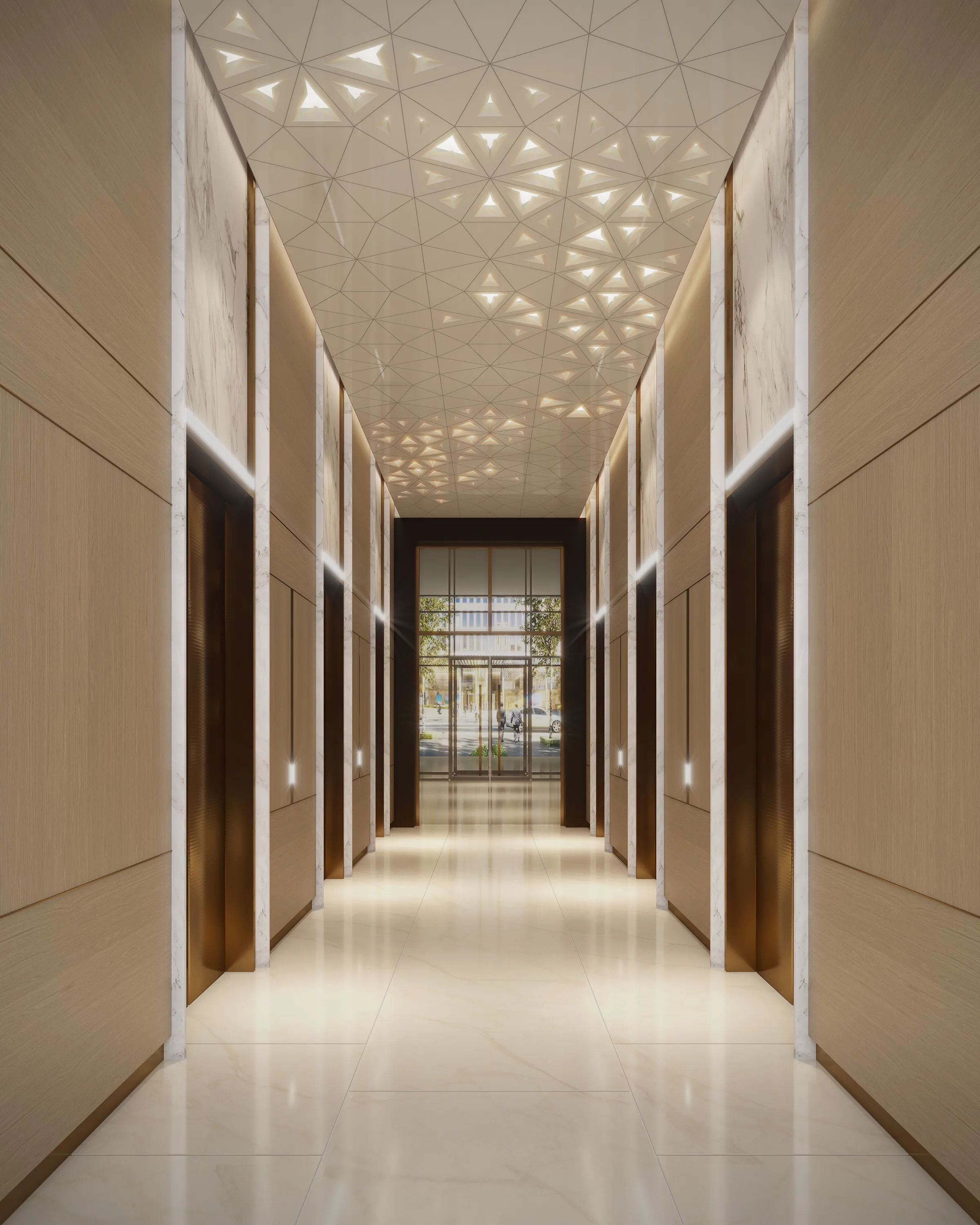 Лифтовой холл 1 Residences с узорным потолком