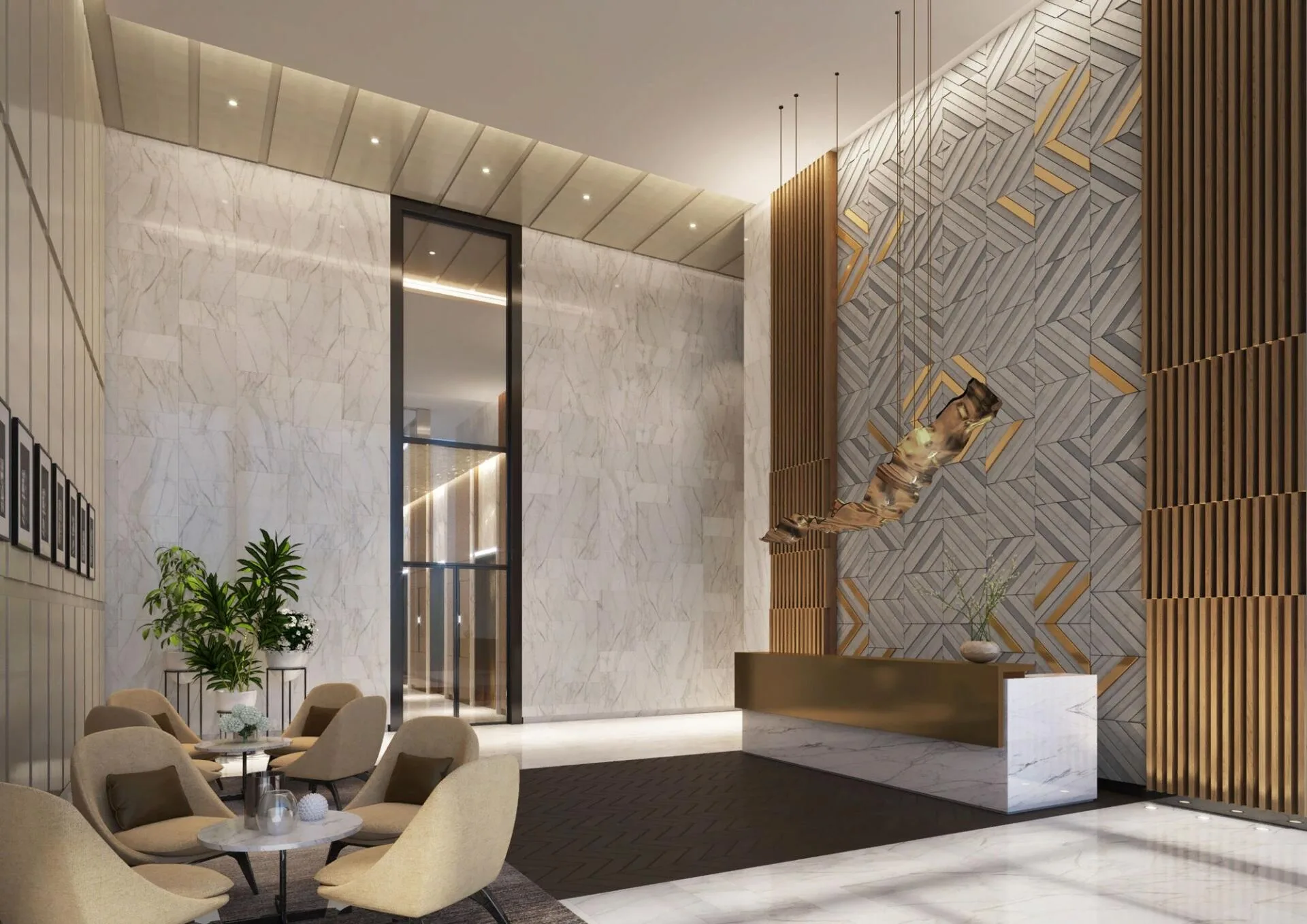 Лобби 1 Residences: мрамор, дерево и стойка ресепшена