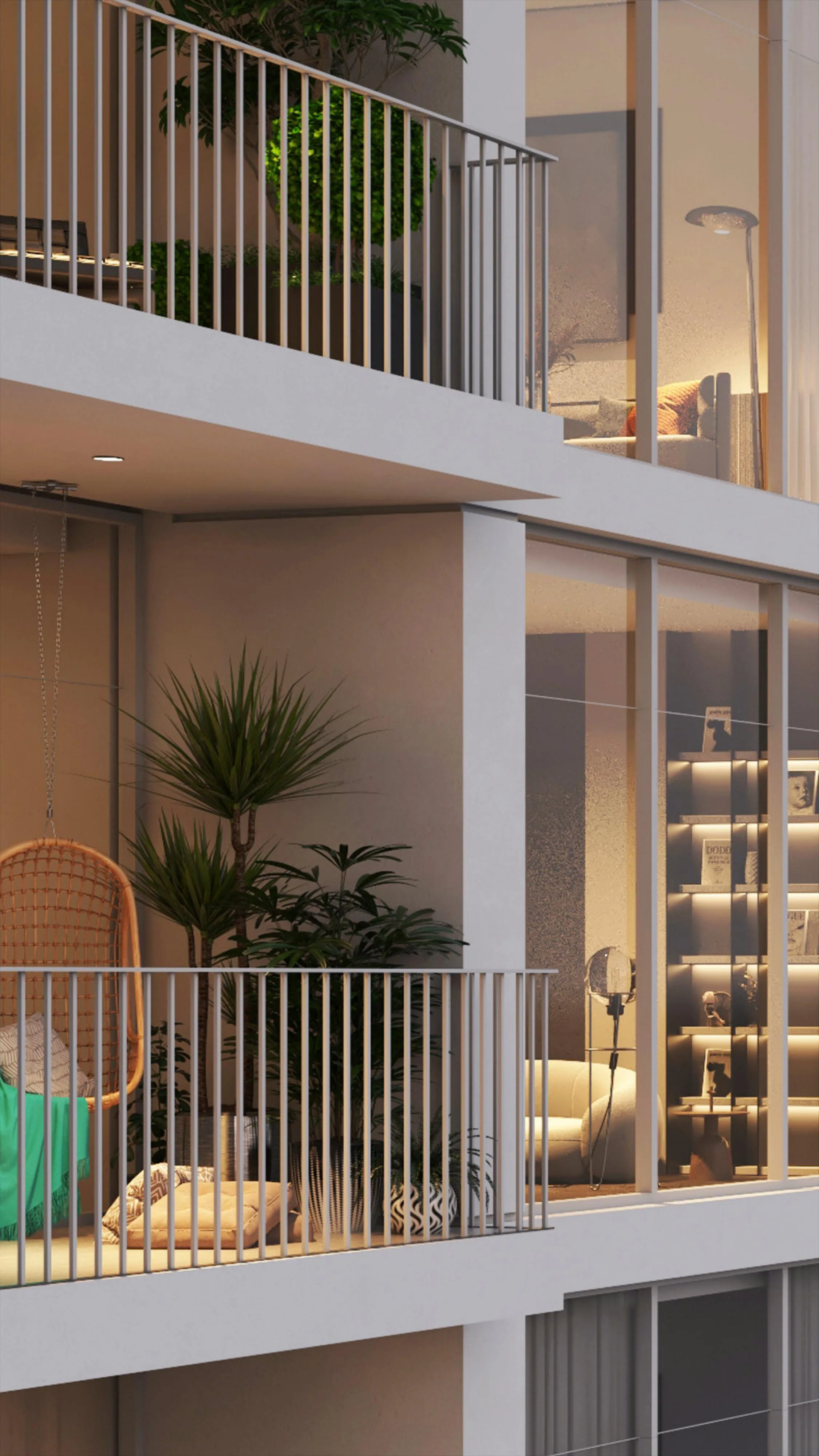Балконы 11 Hills Park вечером: остекление от пола до потолка