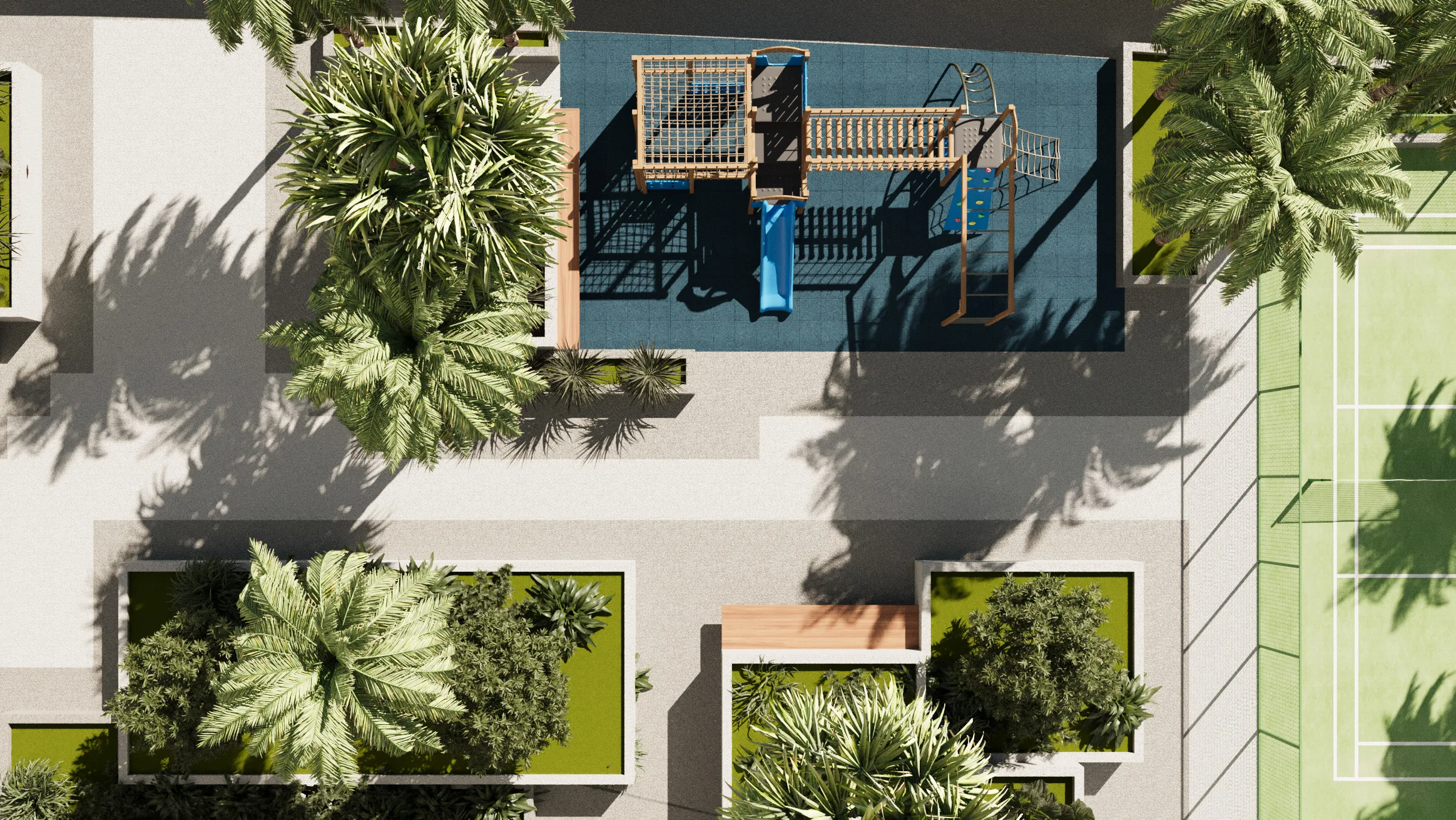 Сад 11 Hills Park сверху: пальмы в кадках и детская площадка