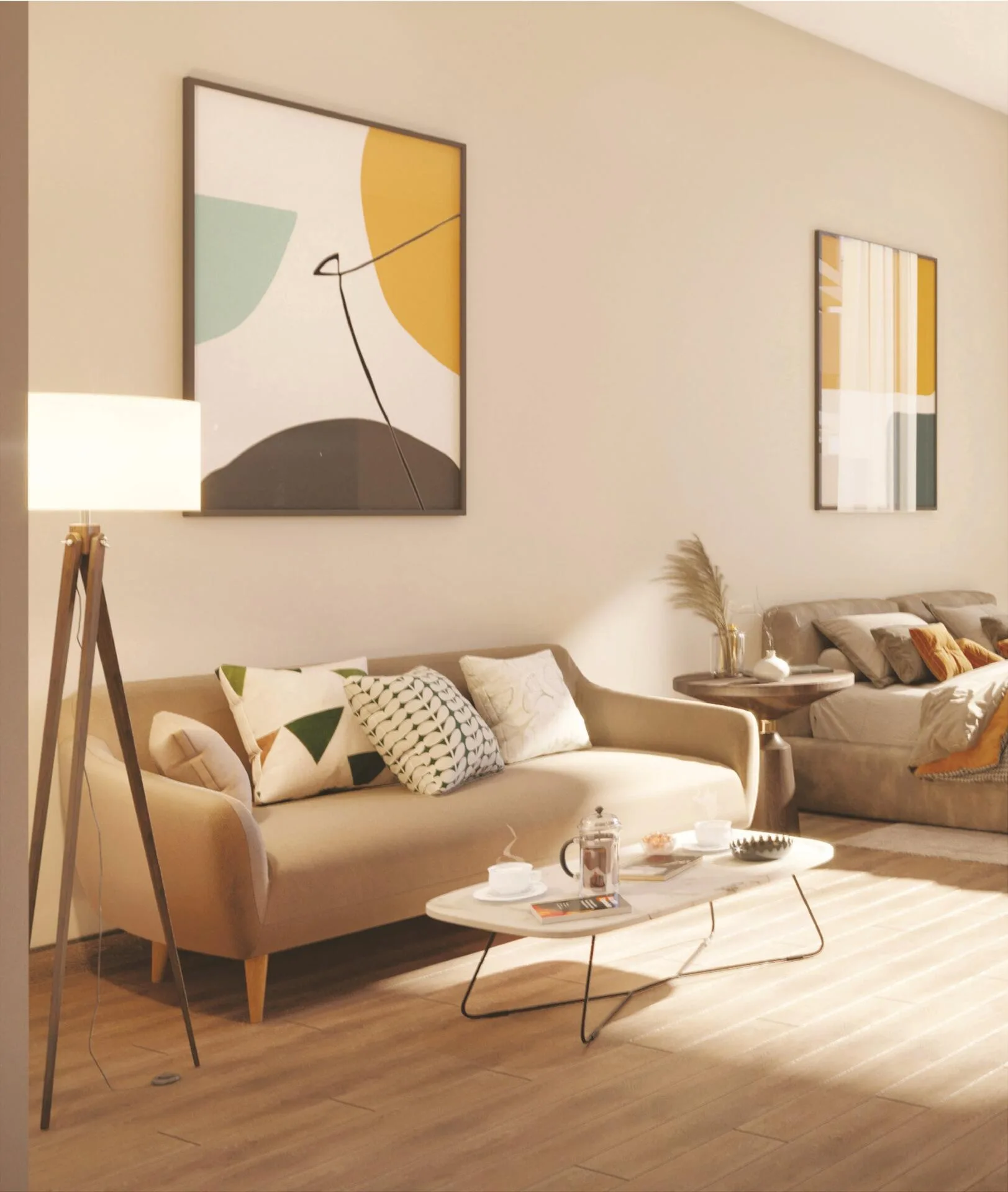 Светлая гостиная студии 11 Hills Park с диваном и картиной