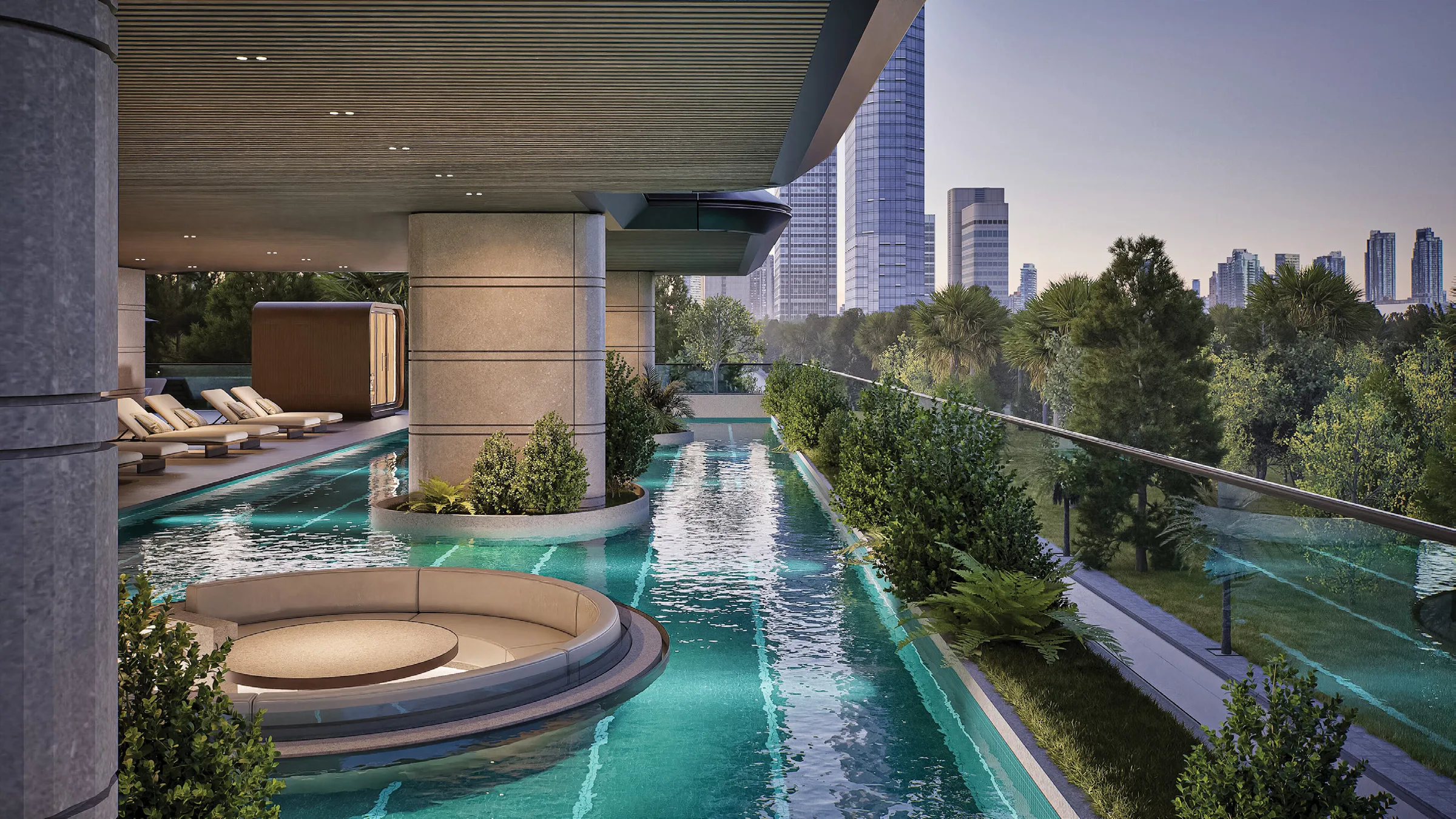 Бассейн во дворе 241 Waterside с утопленным местом для сидения