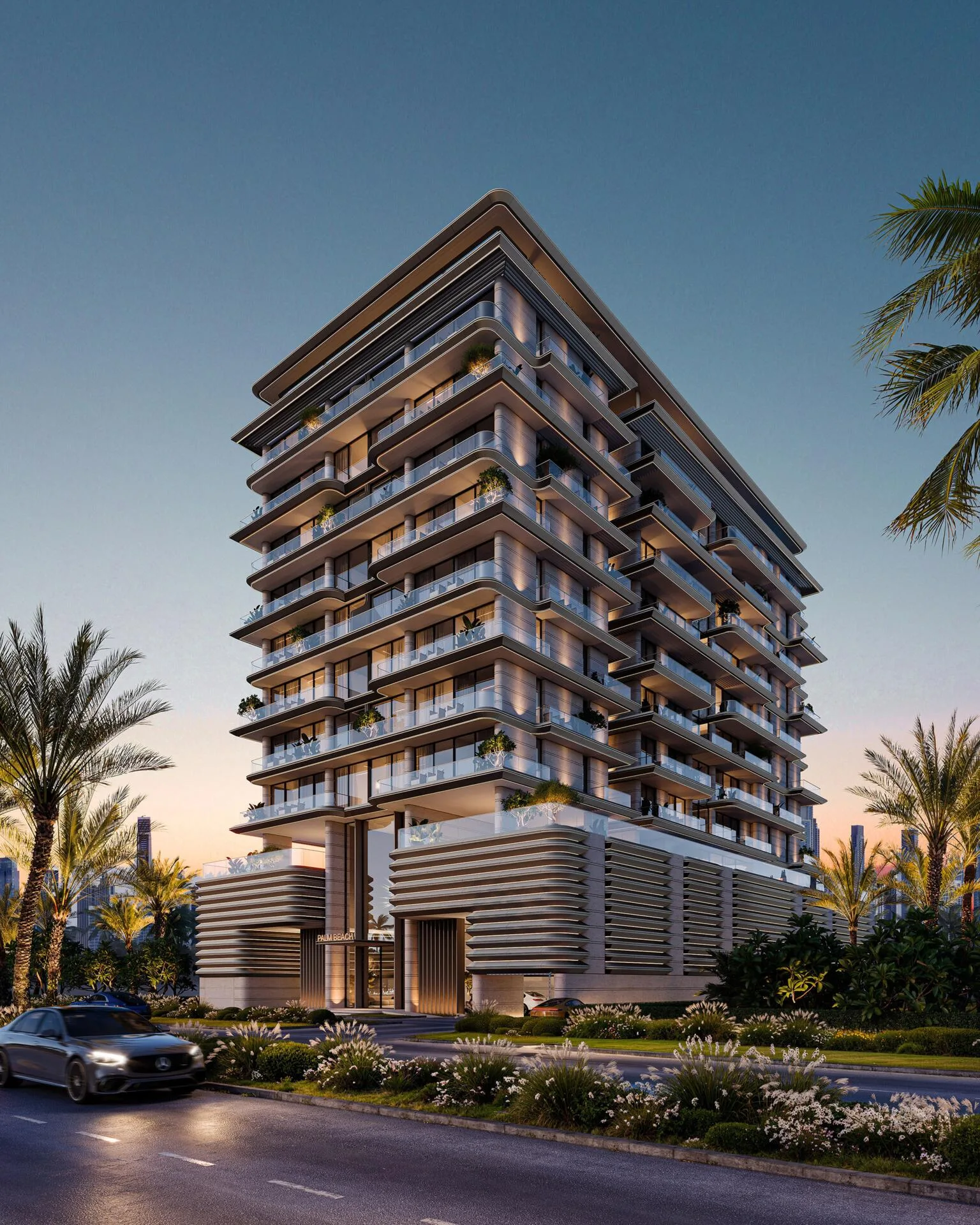 241 Waterside Residences вечером с улицы