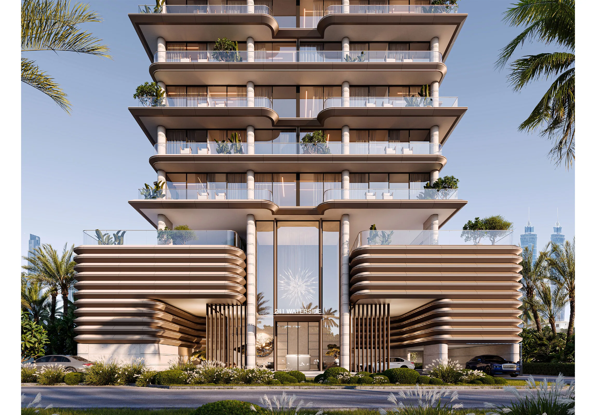 Фасад 241 Waterside: ступени террас над волнистым подиумом