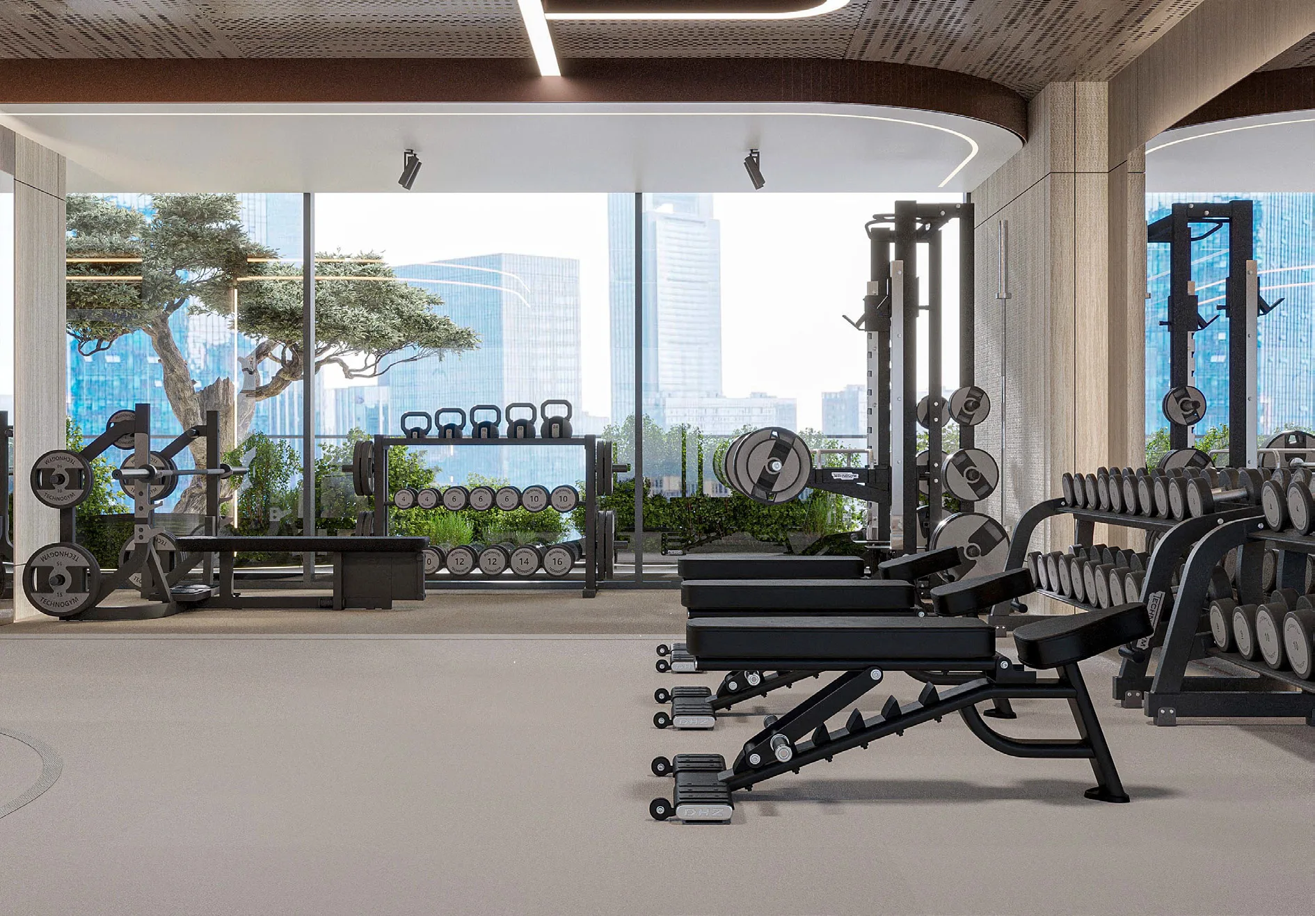 Фитнес-центр Technogym с панорамными окнами