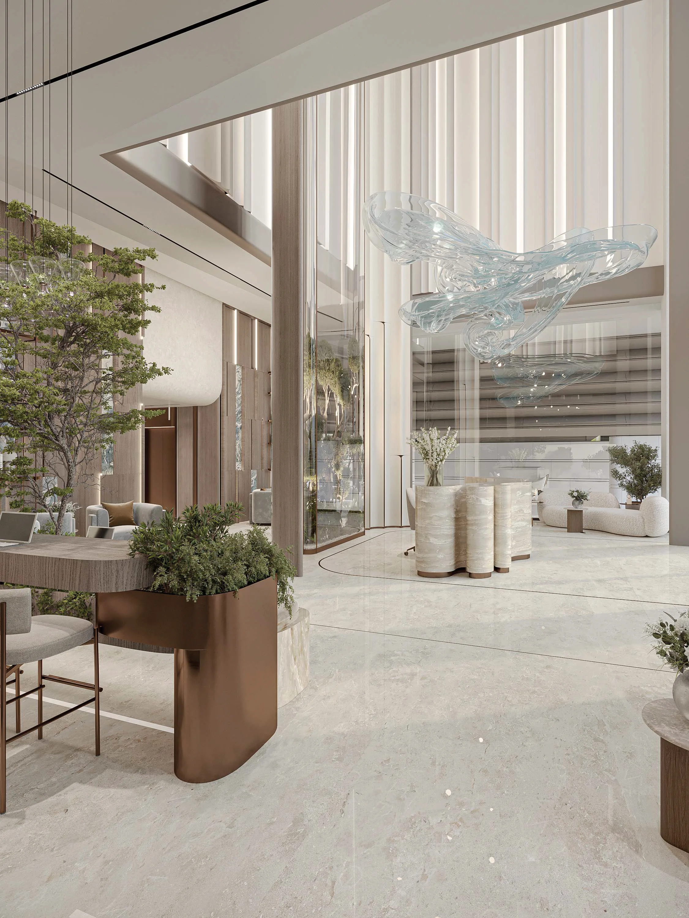 Лобби 241 Waterside: мрамор, зелень и стеклянная скульптура