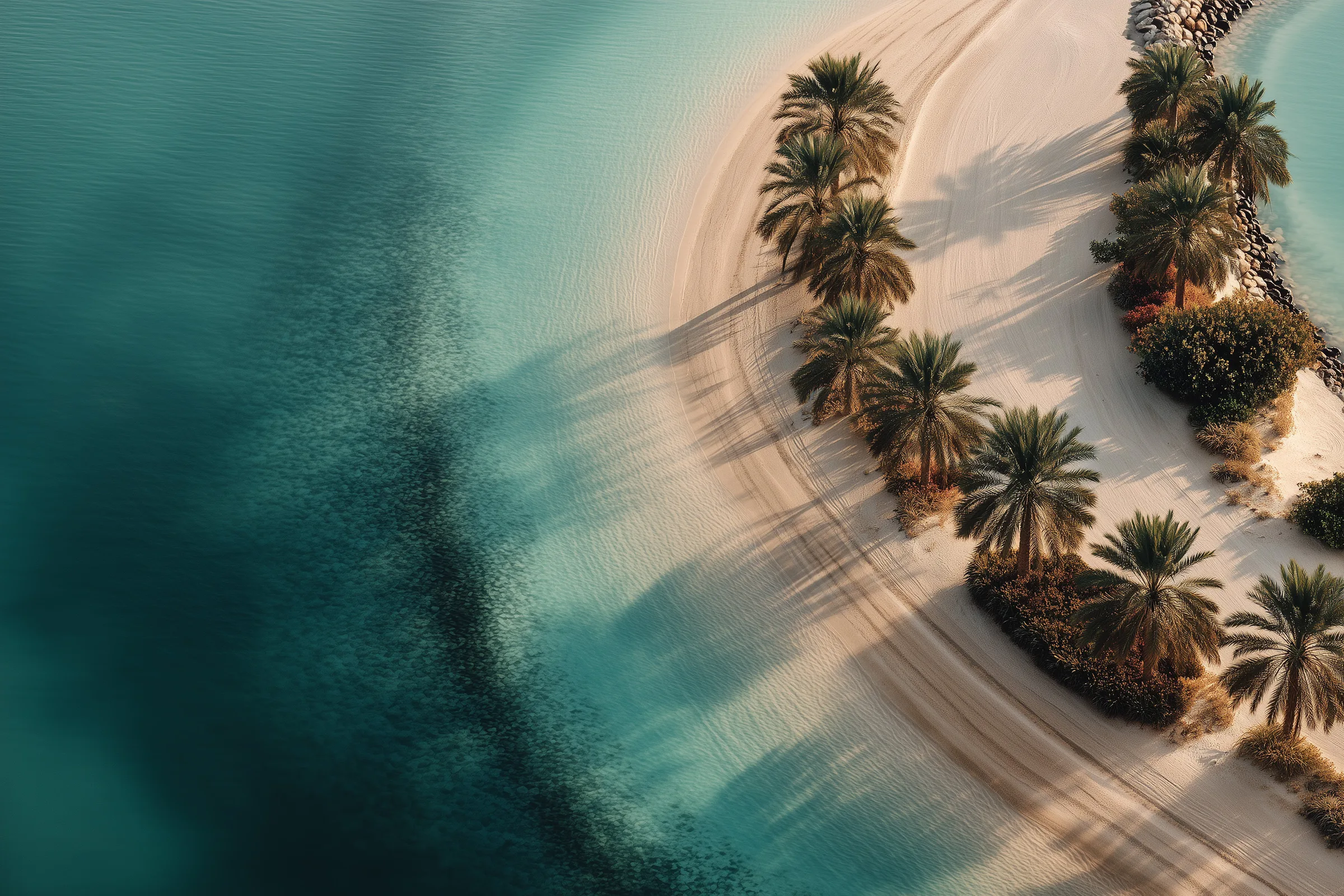 Пальмы и песчаный пляж у бирюзовой воды Dubai Islands