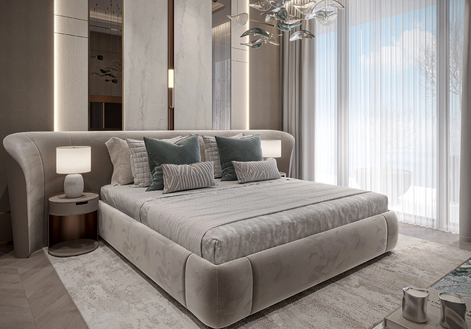 Спальня в 241 Waterside: мягкое изголовье и светлые шторы