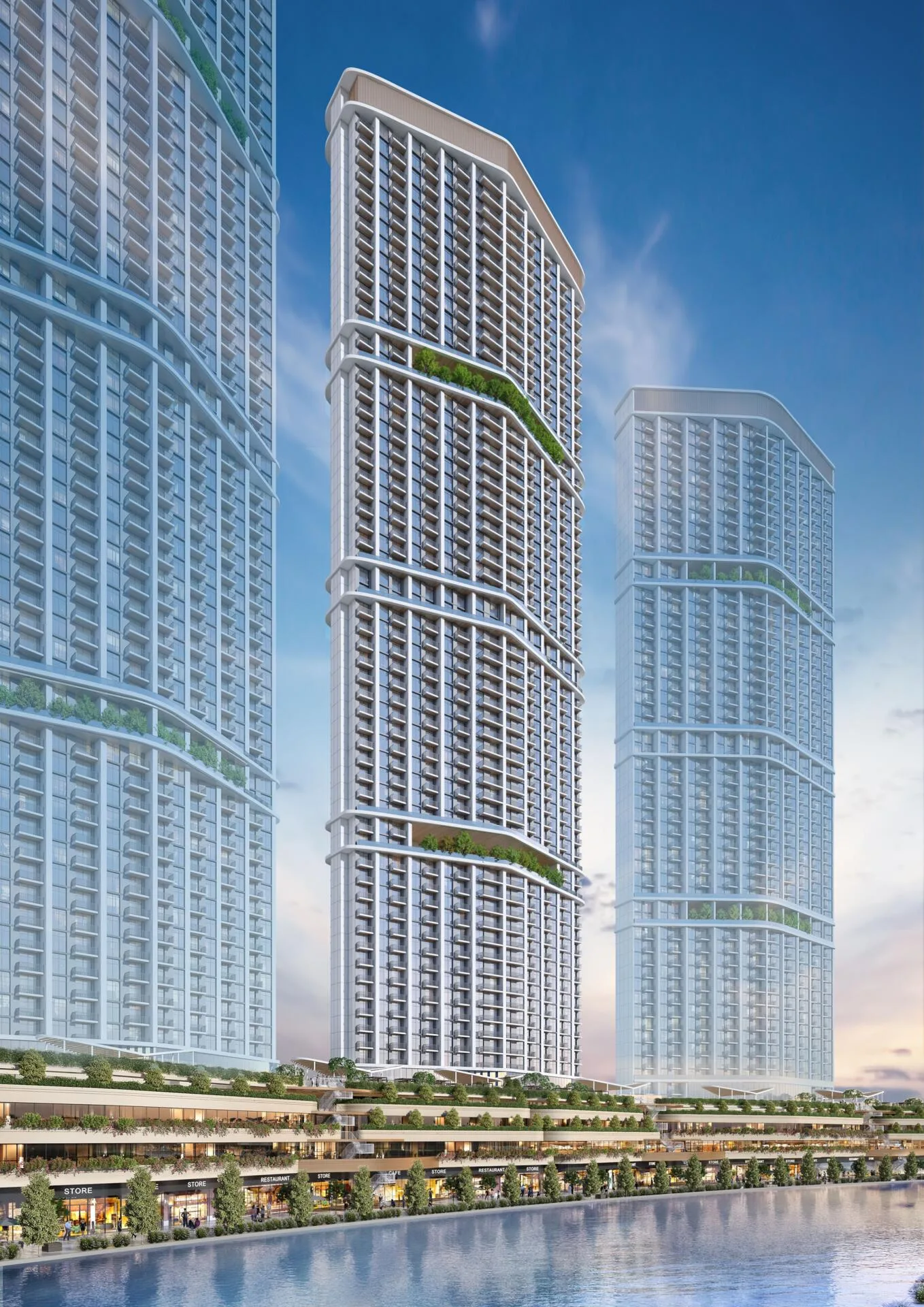 320 Riverside Crescent и соседние башни над водой, внизу подиум с садами