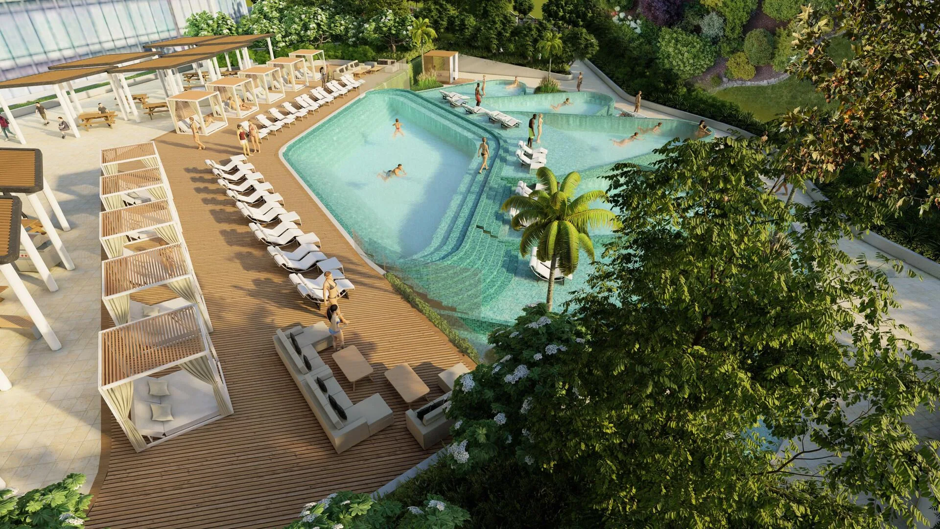 Бассейн на подиуме 320 Riverside Crescent: лежаки, шатры и зелень