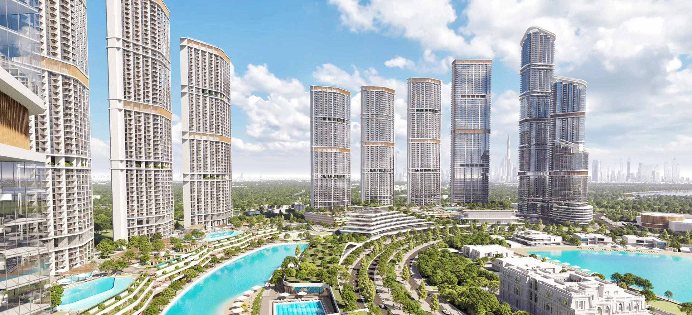Бирюзовые лагуны у подножия башен Sobha Hartland II