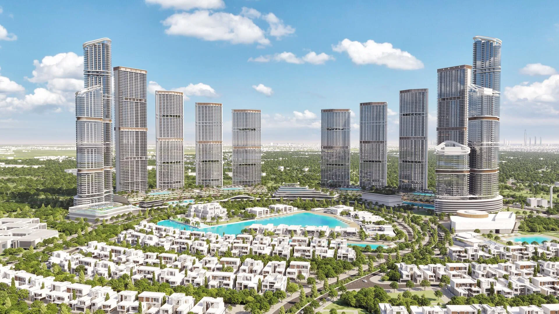 Панорама Sobha Hartland II: башни, лагуны и квартал вилл