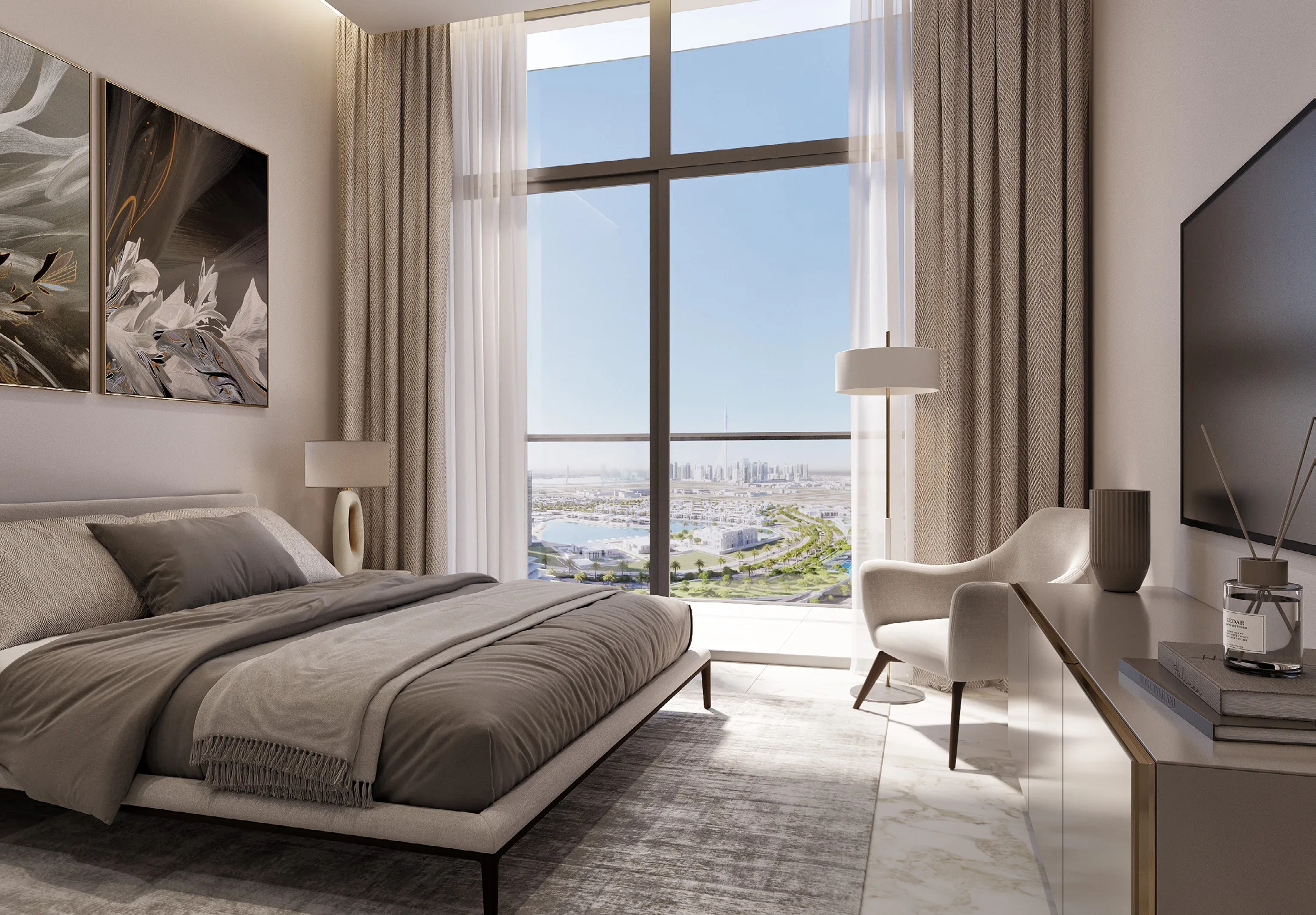 Спальня в квартире 320 Riverside Crescent с видом на квартал