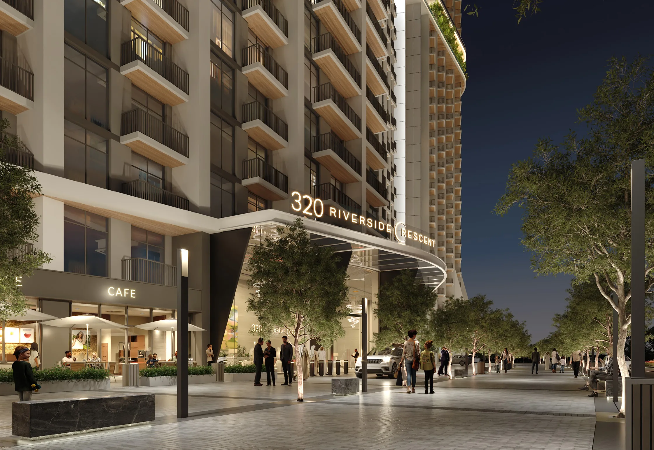 Вход в 320 Riverside Crescent вечером: кафе и аллея у башни