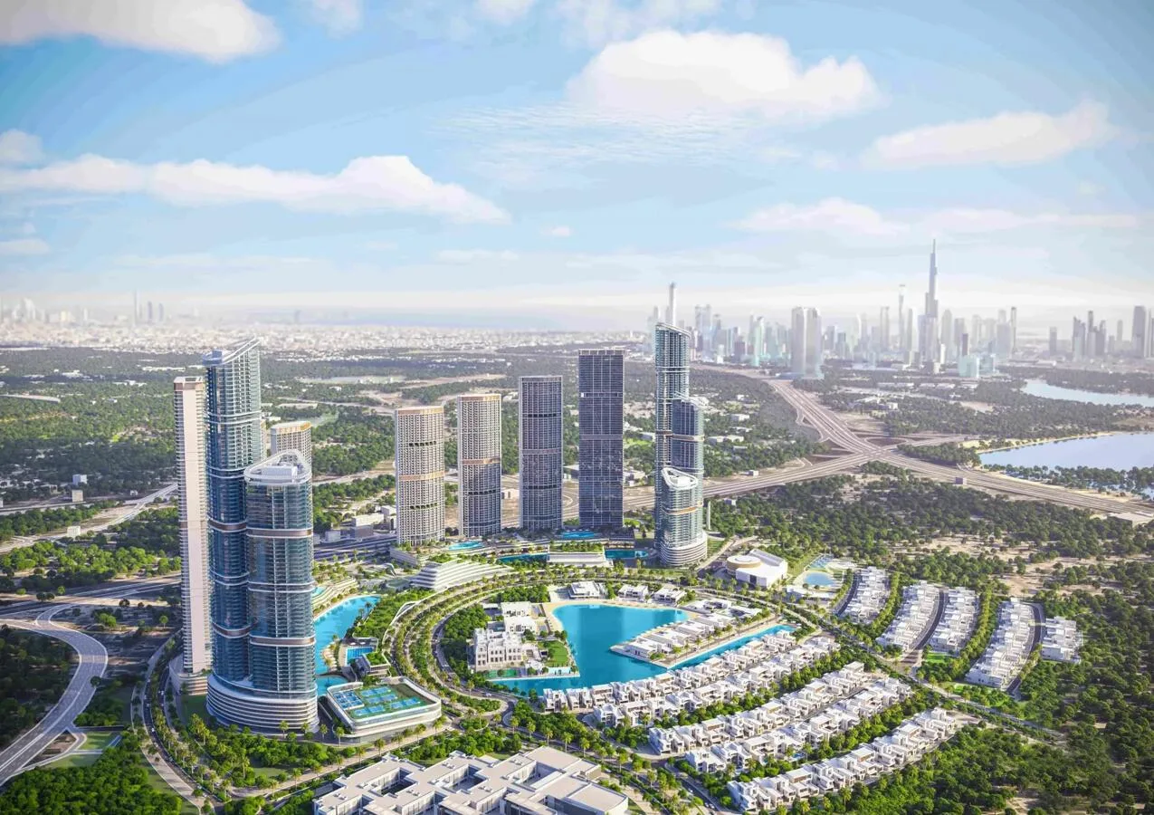 Sobha Hartland II с высоты, на горизонте Downtown Dubai