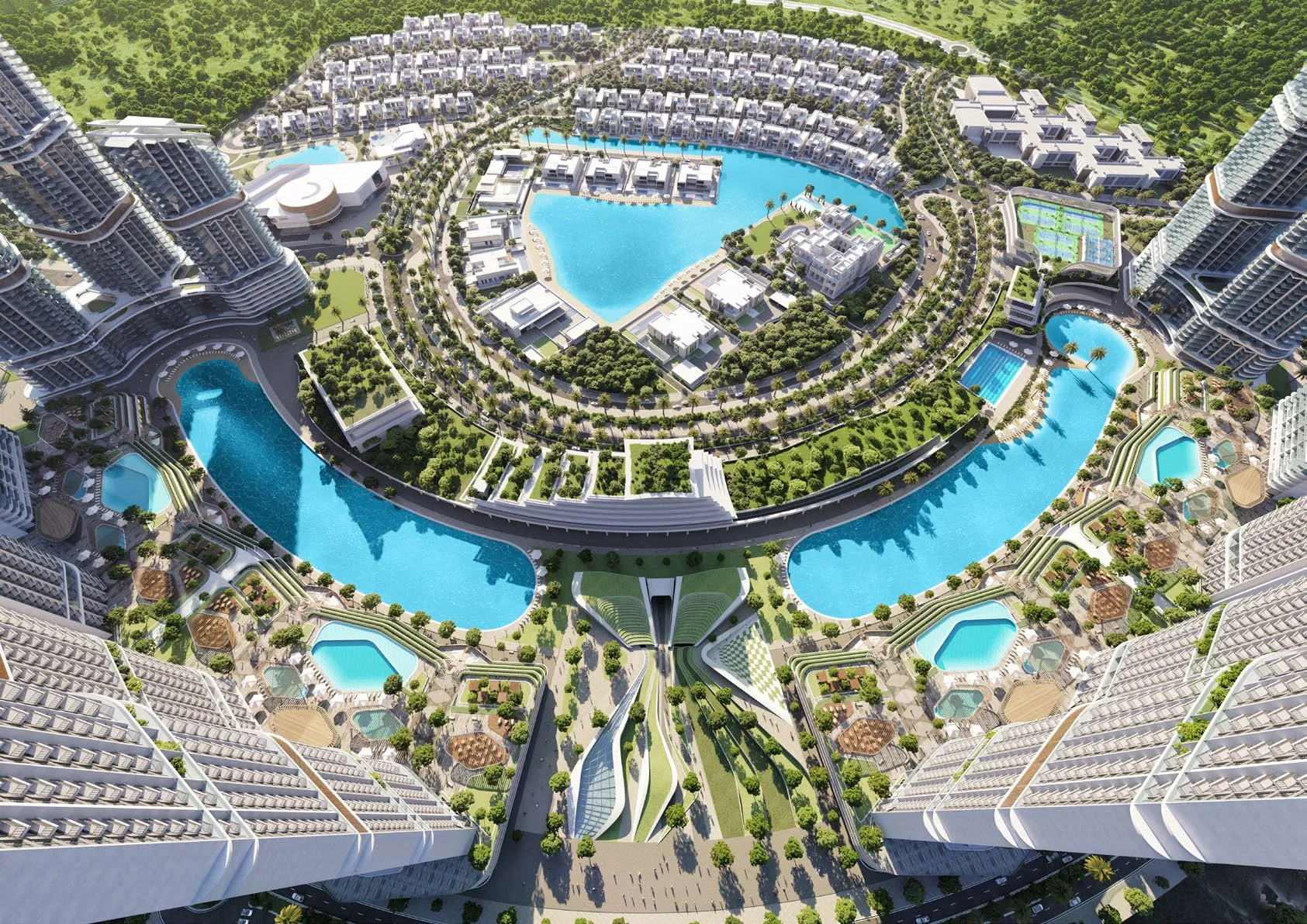 Лагуны и сады Sobha Hartland II с высоты