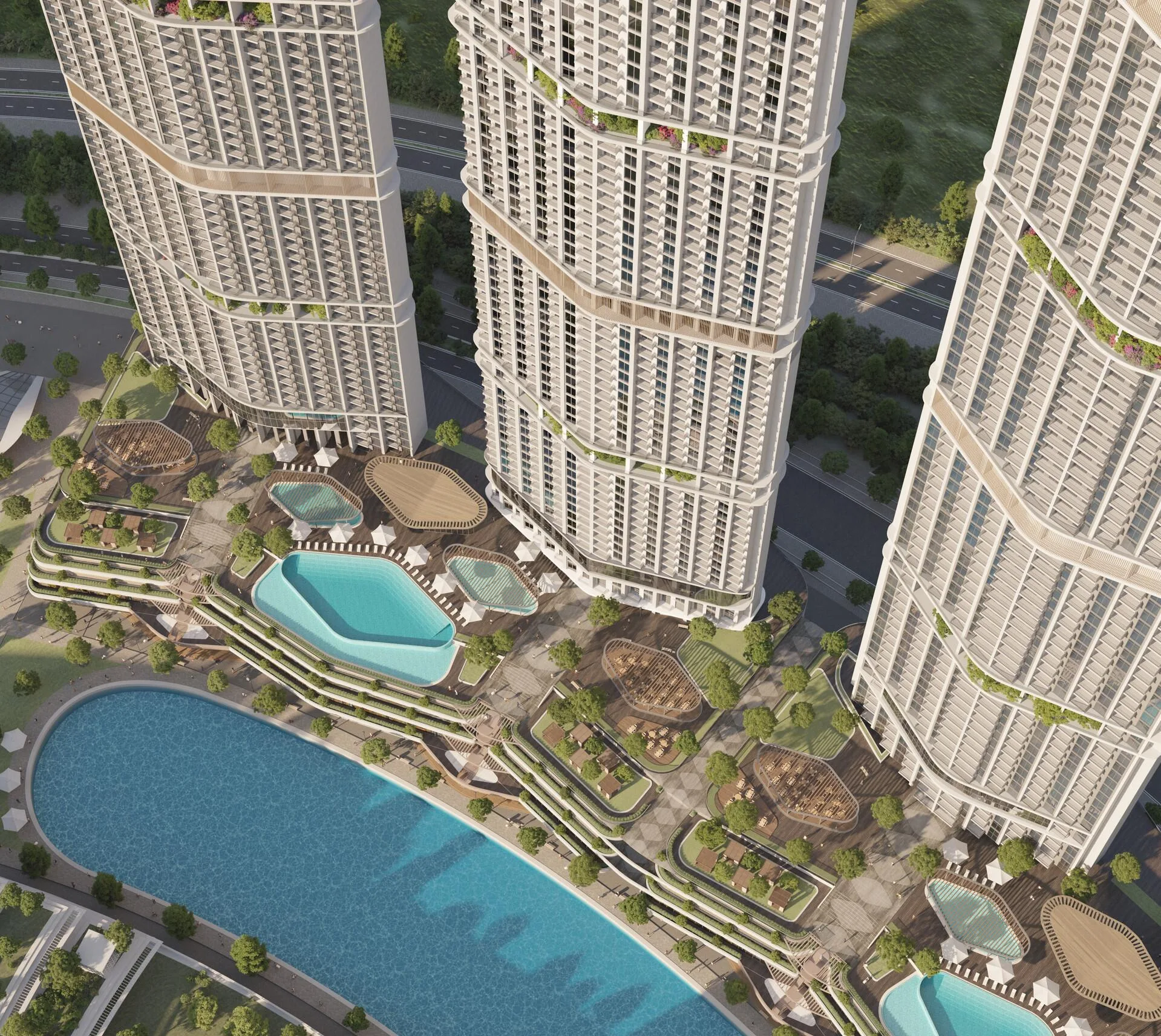 Бассейны и террасы между башнями Riverside Crescent сверху