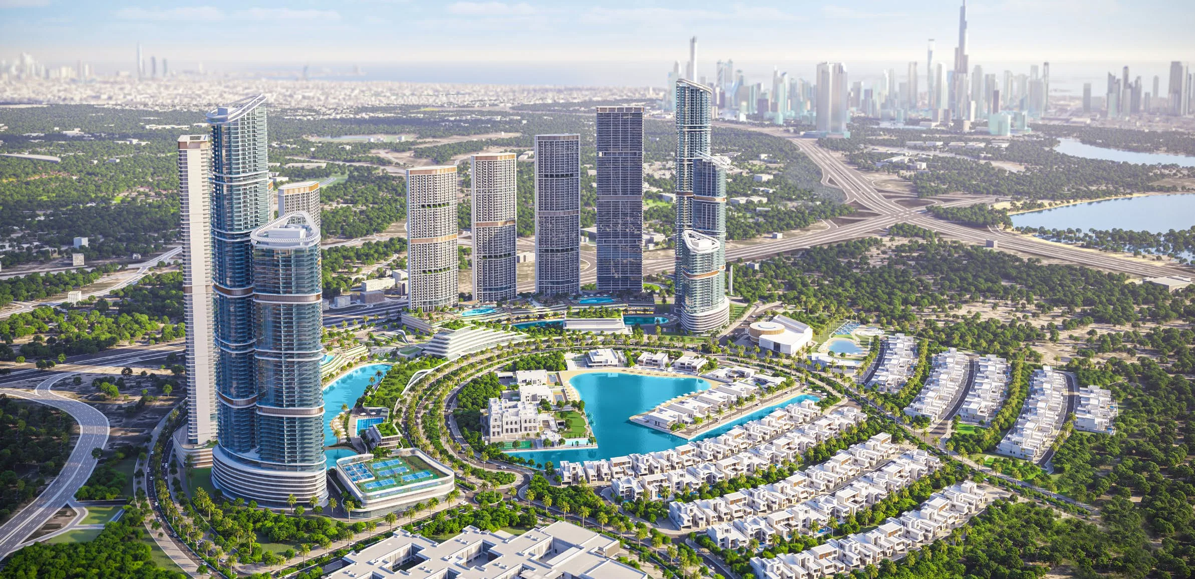 Sobha Hartland 2 с высоты: башни Riverside Crescent, лагуны и центр Дубая на горизонте