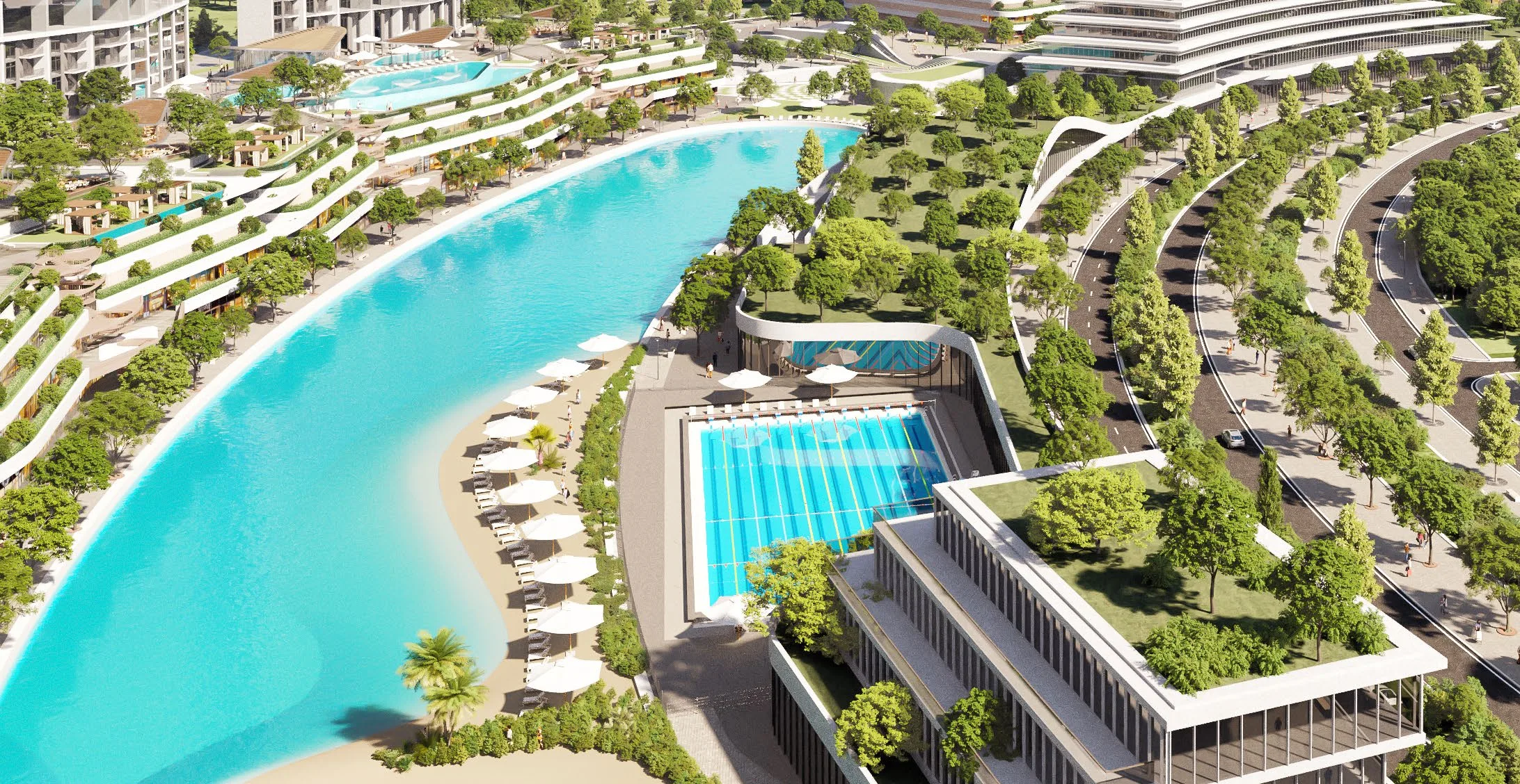 Плавательный бассейн и пляж лагуны Riverside Crescent сверху