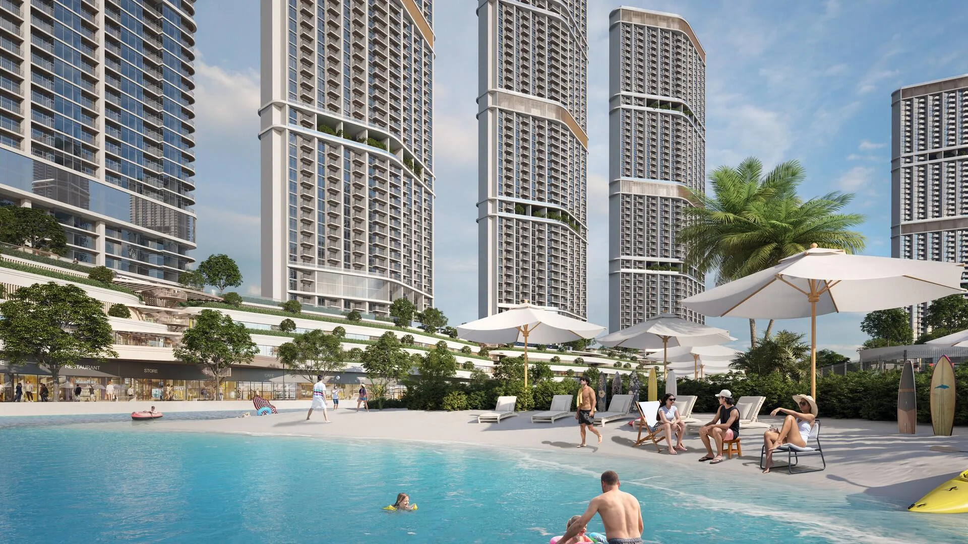 Пляж у лагуны Riverside Crescent и башни над берегом