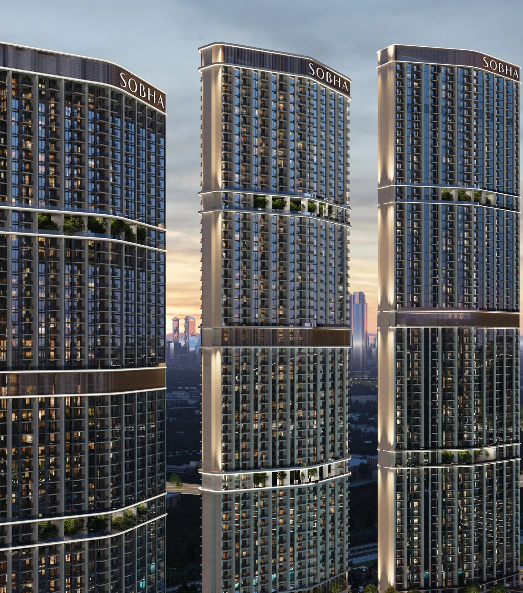 Башни Riverside Crescent на закате