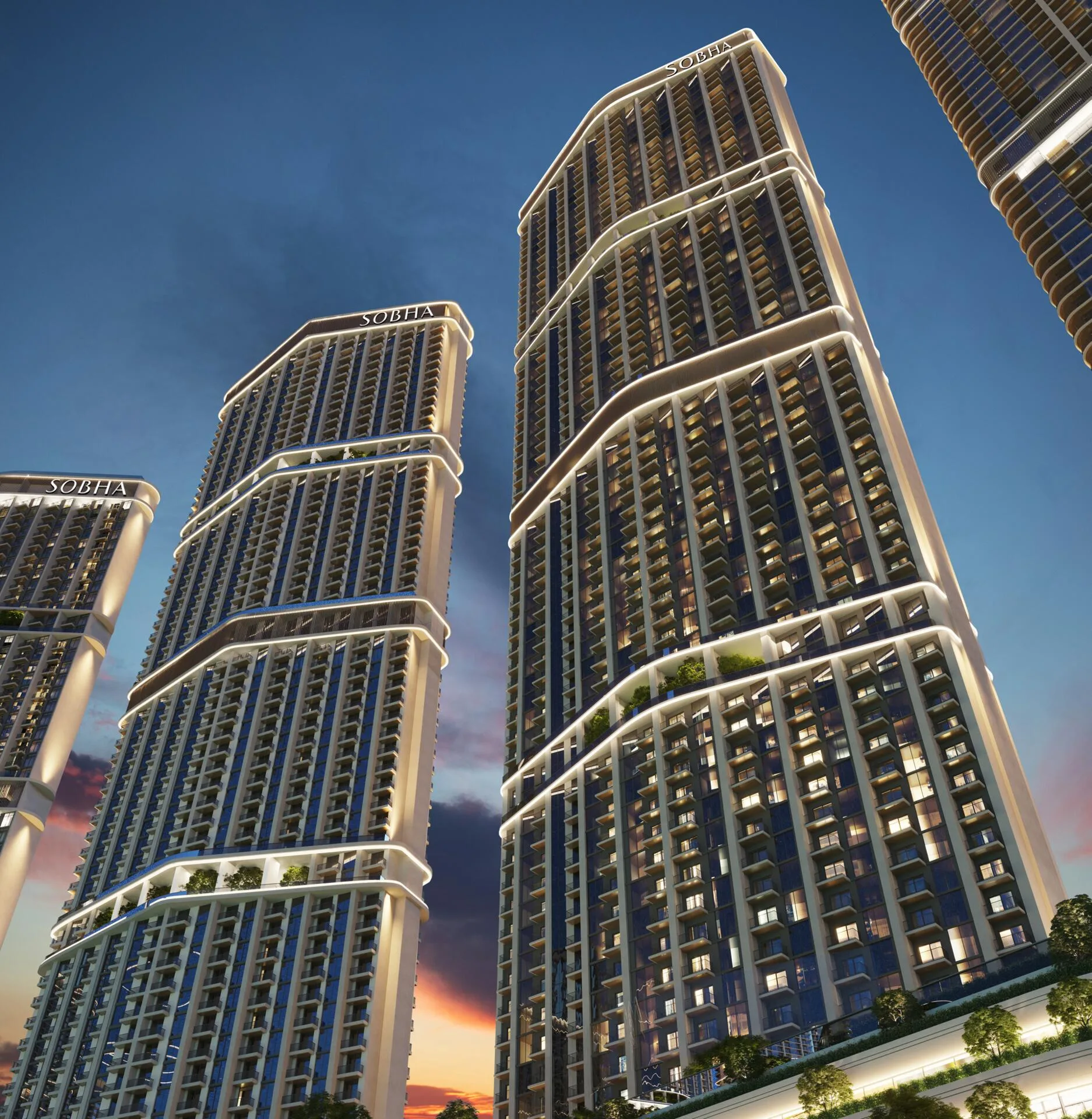 Башни Riverside Crescent с подсветкой ночью