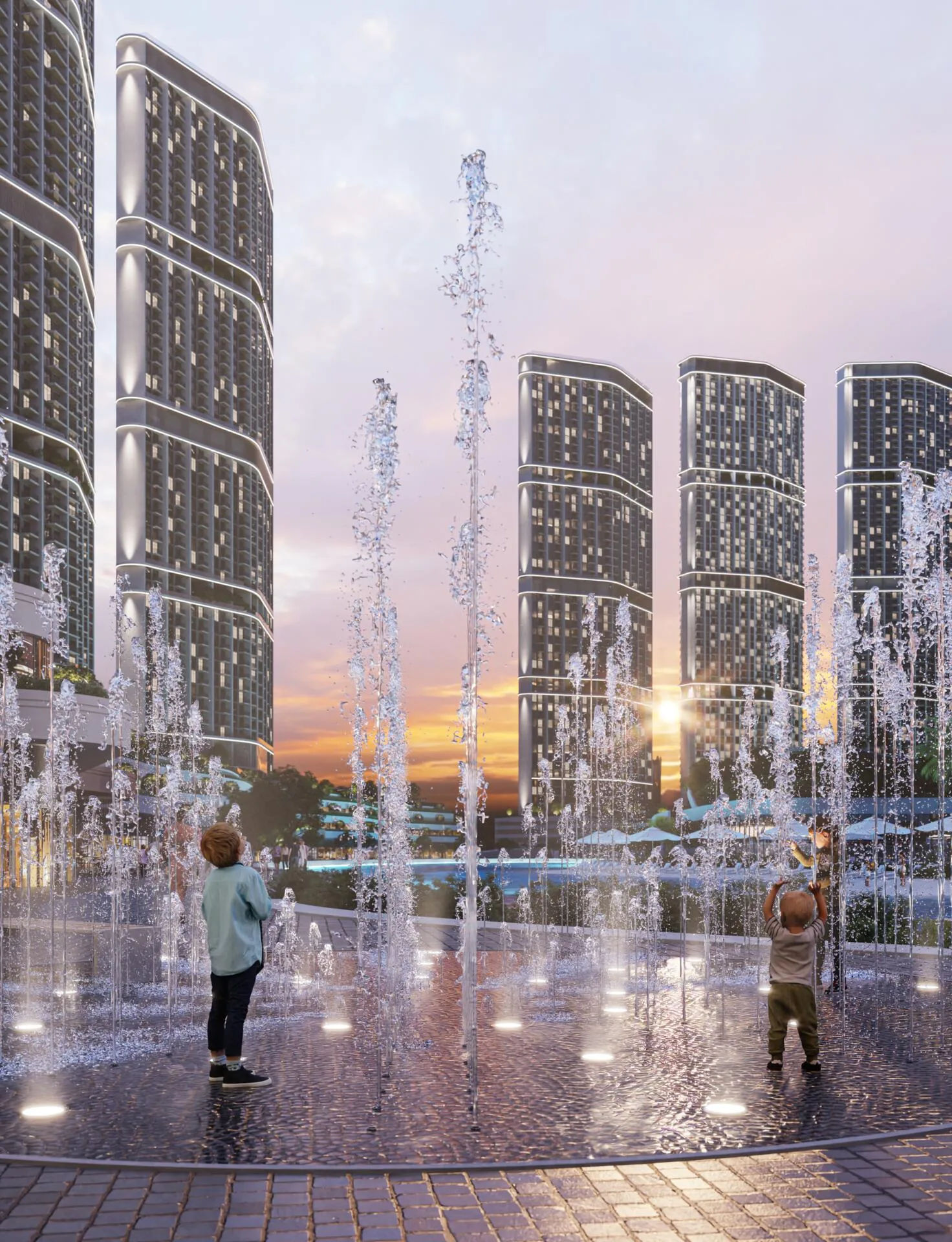 Фонтан у башен Riverside Crescent на закате
