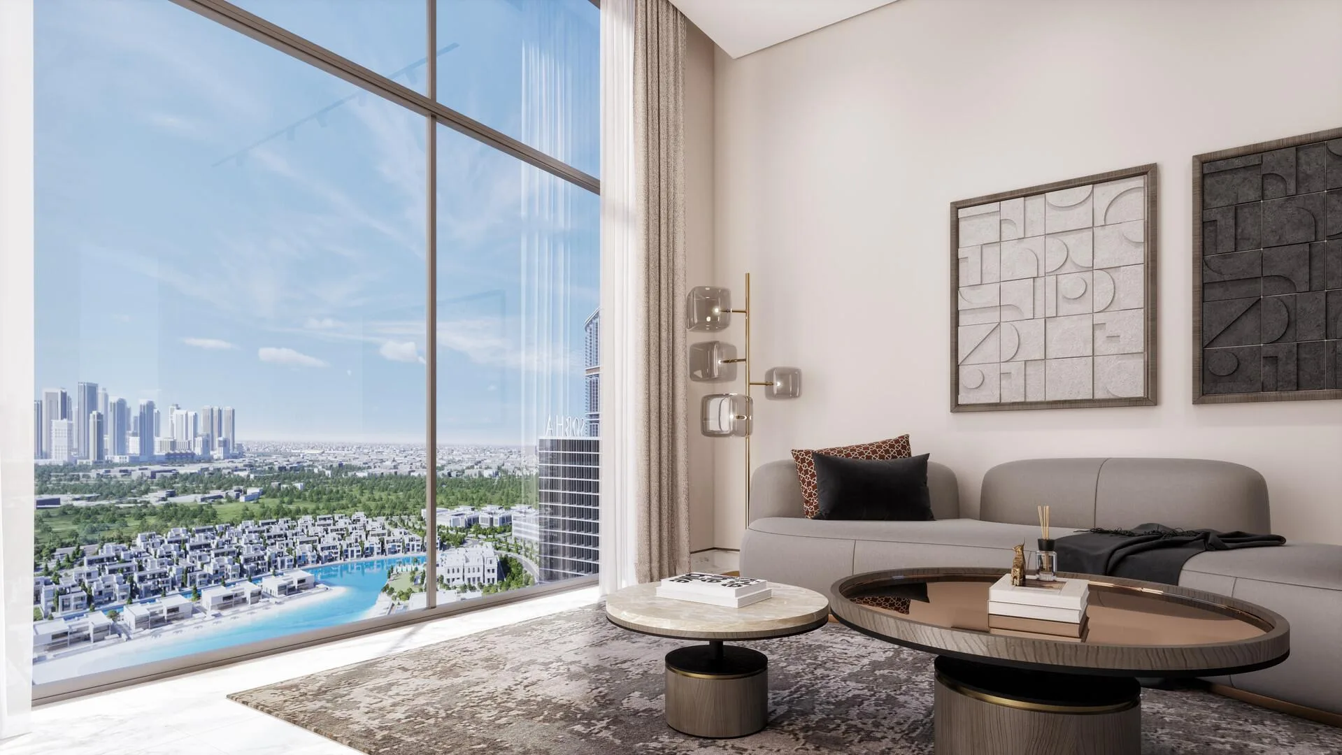 Гостиная в квартире 360 Riverside Crescent с окном на лагуну и город