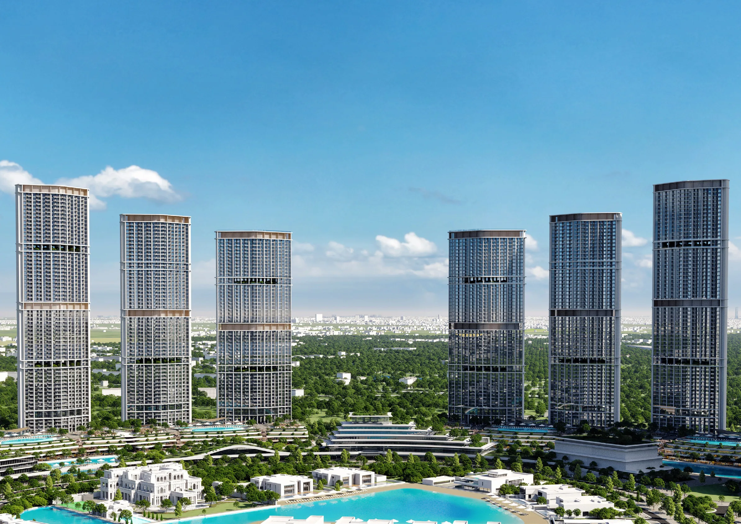 Башни Riverside Crescent над зеленью района