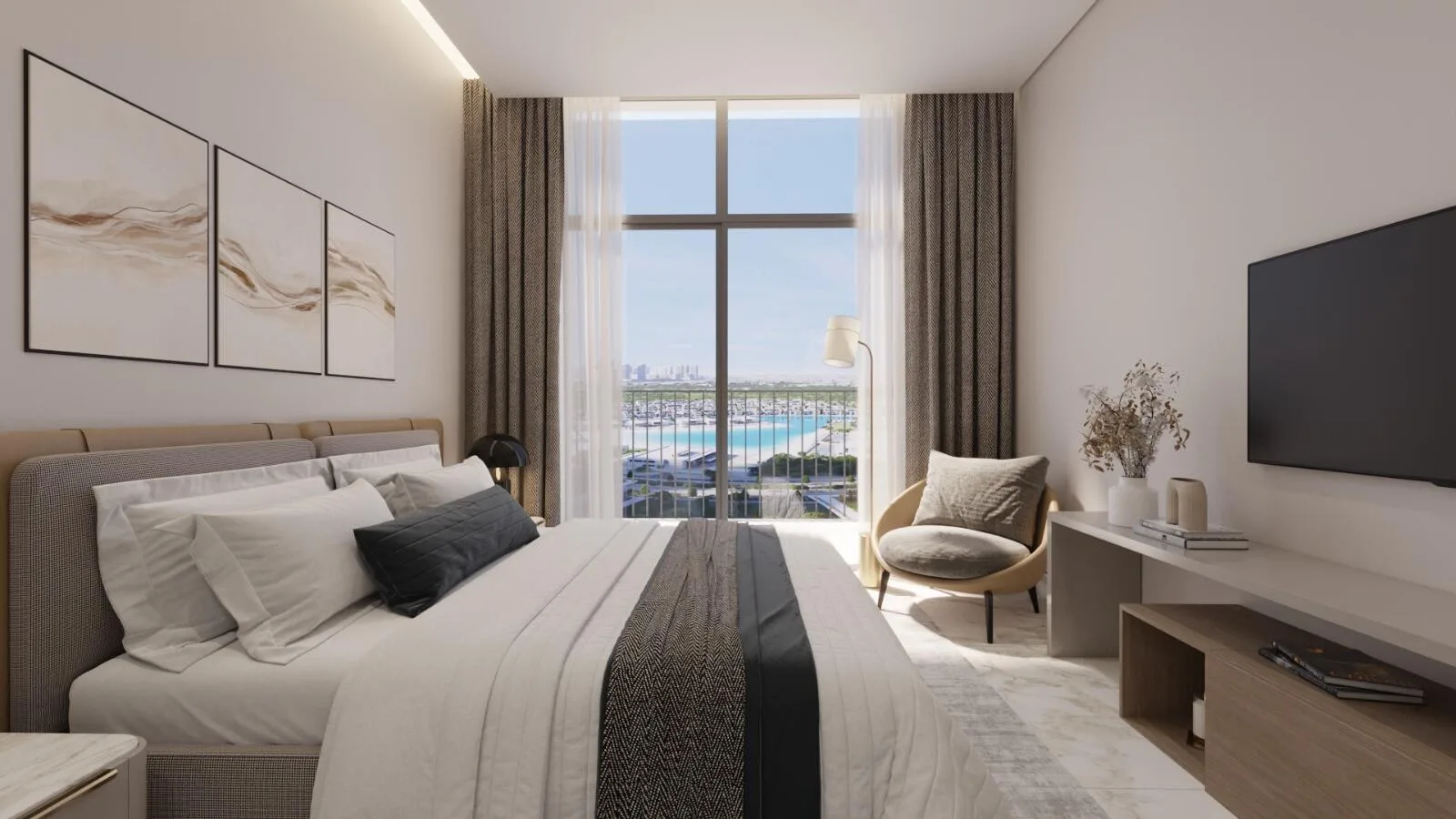 Спальня в квартире 360 Riverside Crescent с видом на лагуну