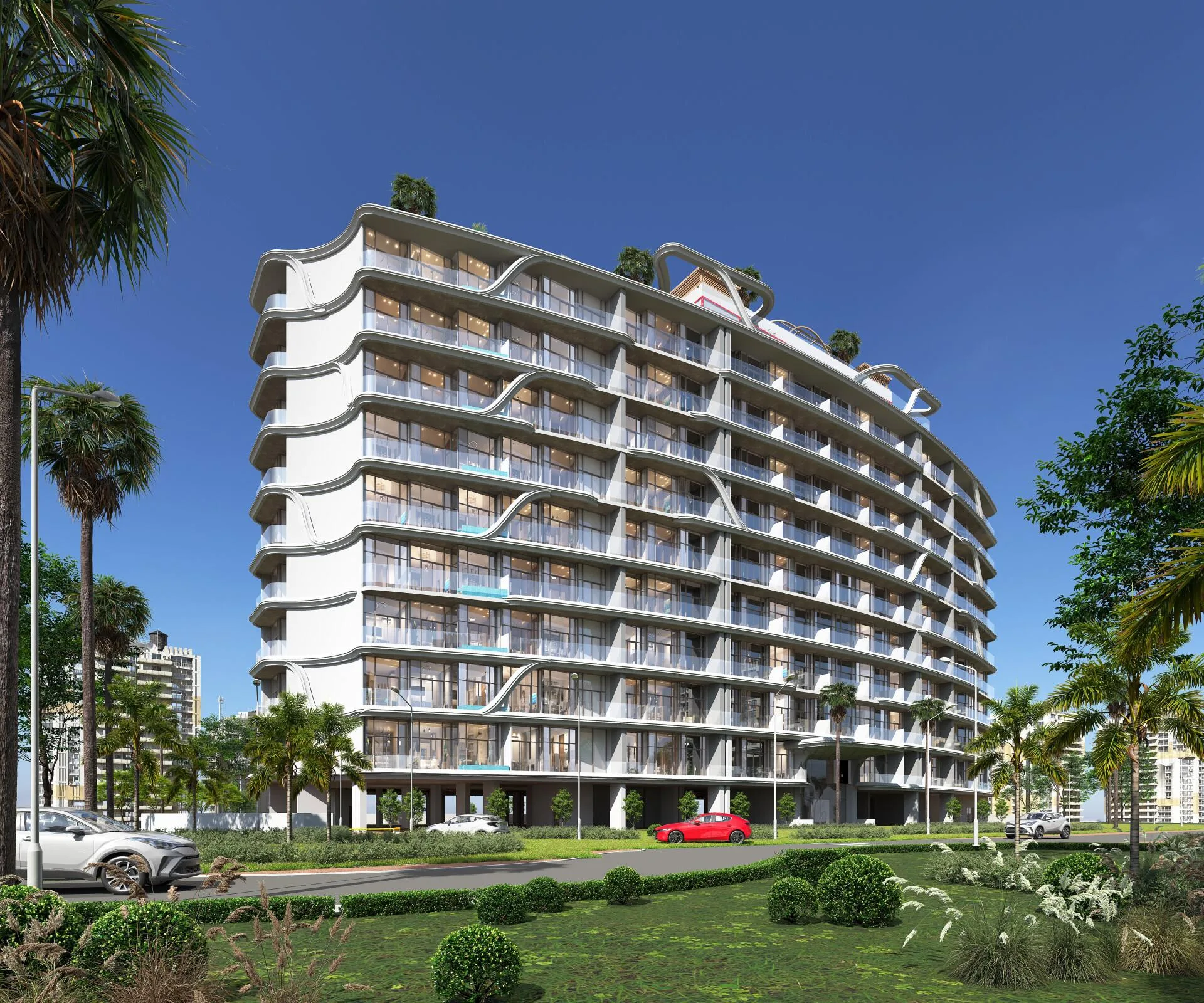 48 Parkside с улицы: дом среди пальм и газонов