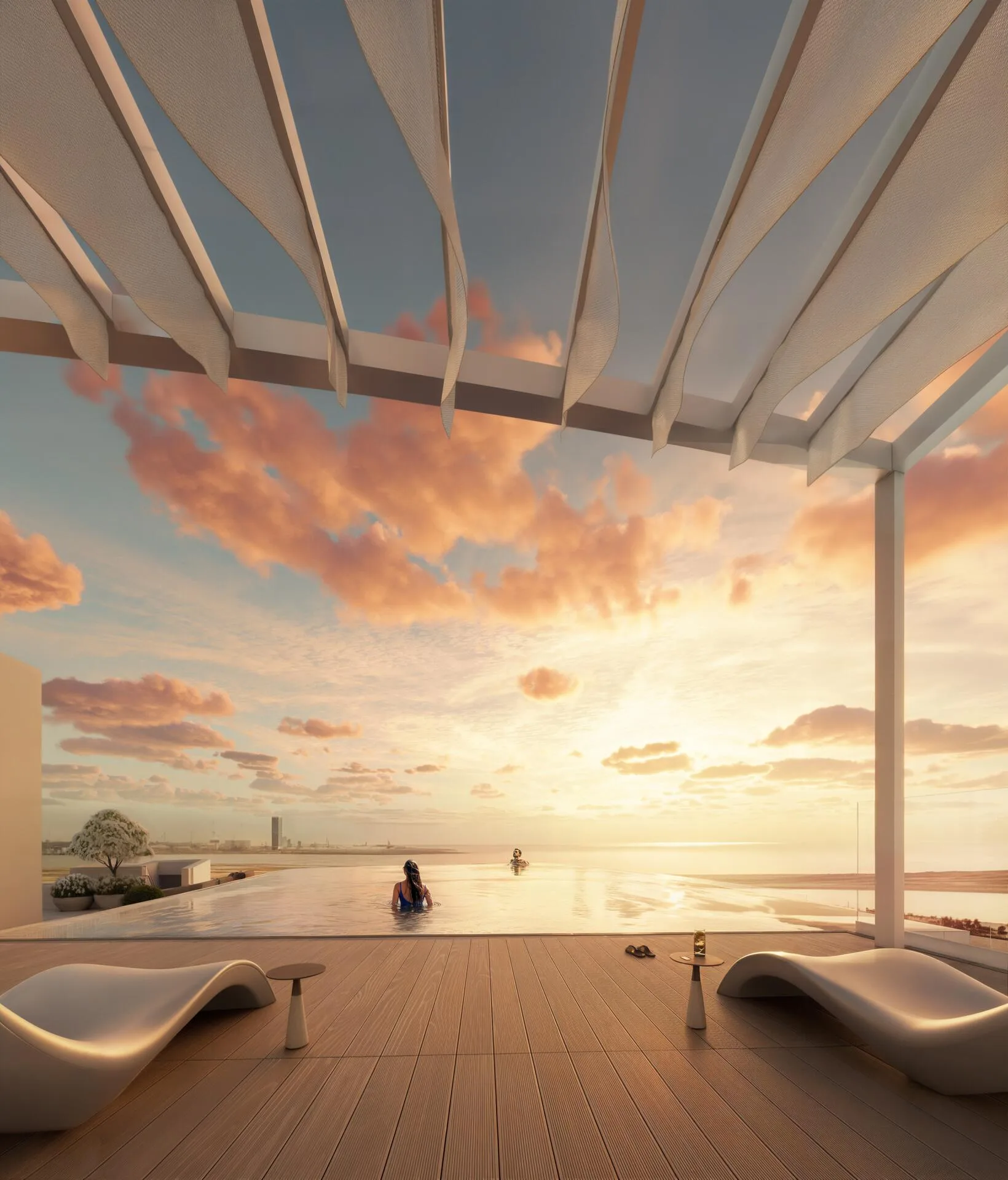 Бассейн на крыше JW Marriott Residences на закате