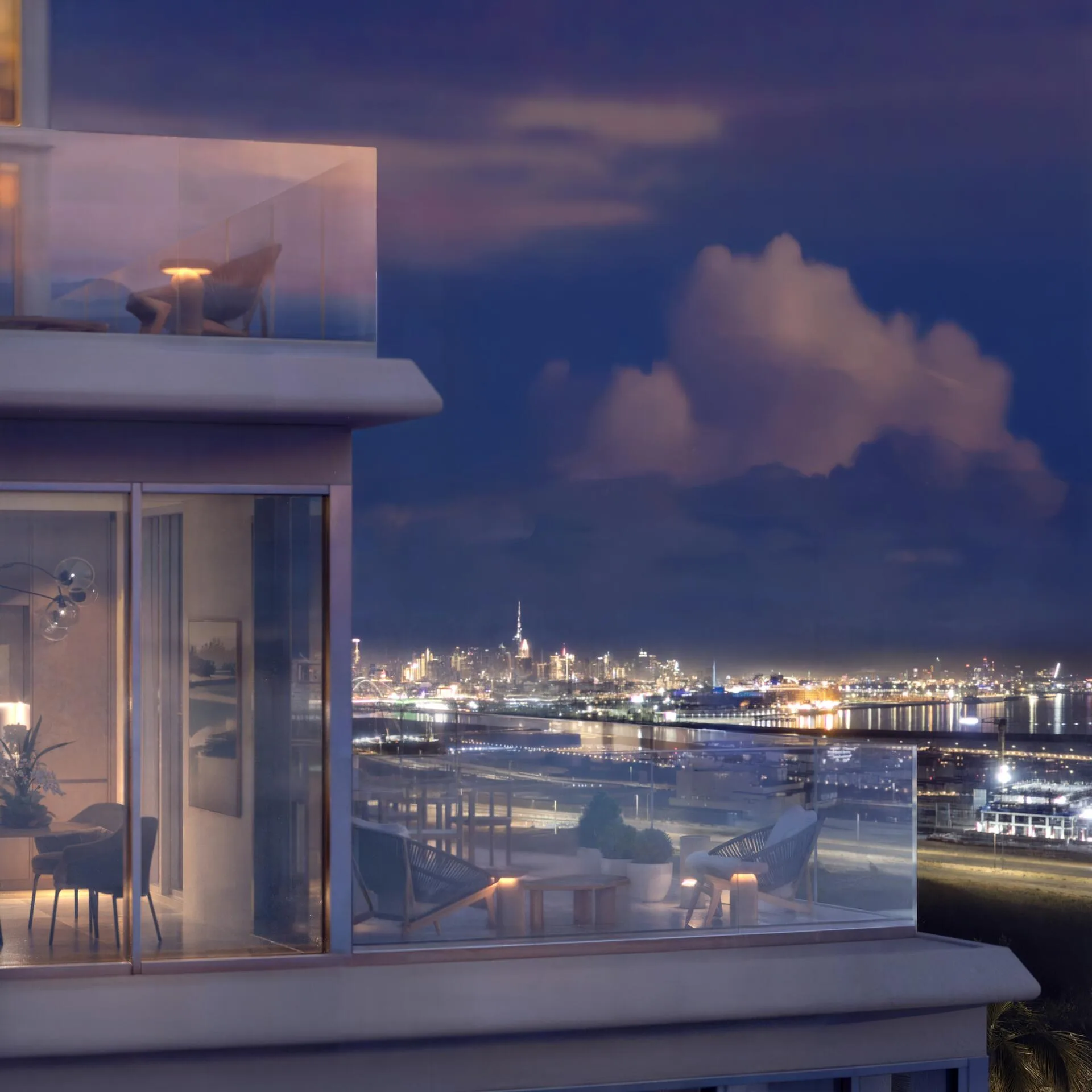 Терраса квартиры в JW Marriott Residences с видом на ночной Дубай