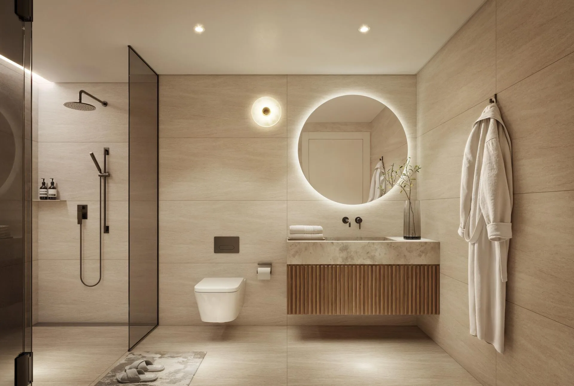 Ванная комната в JW Marriott Residences: камень и дерево