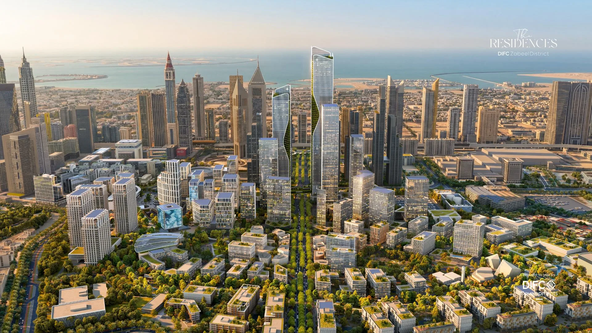 DIFC Zabeel District с высоты, за ним город и море