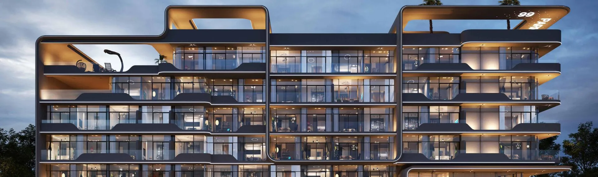 Жилые этажи 99 Parkplace: остекление и балконы вечером