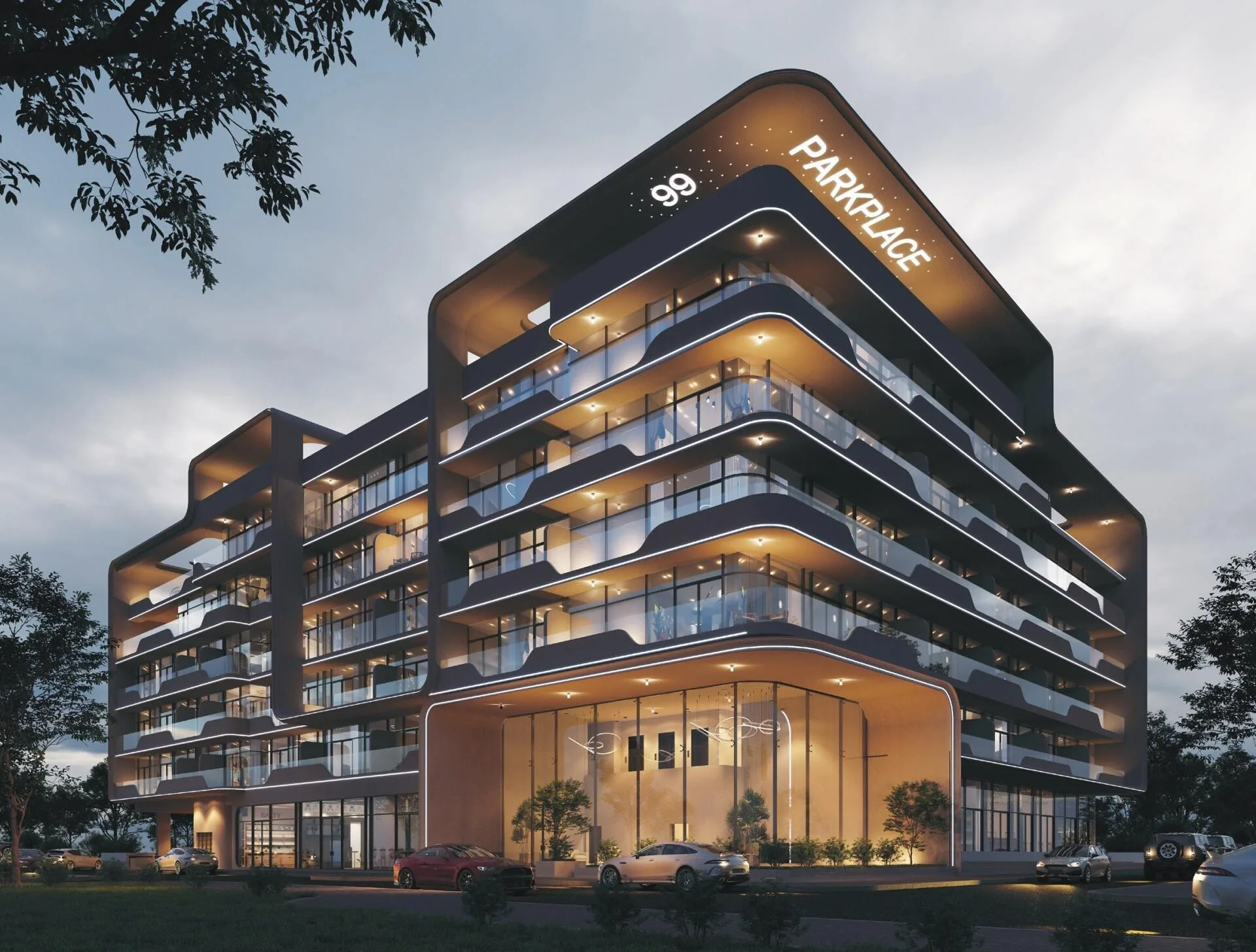 Фасад 99 Parkplace в сумерках с подсветкой