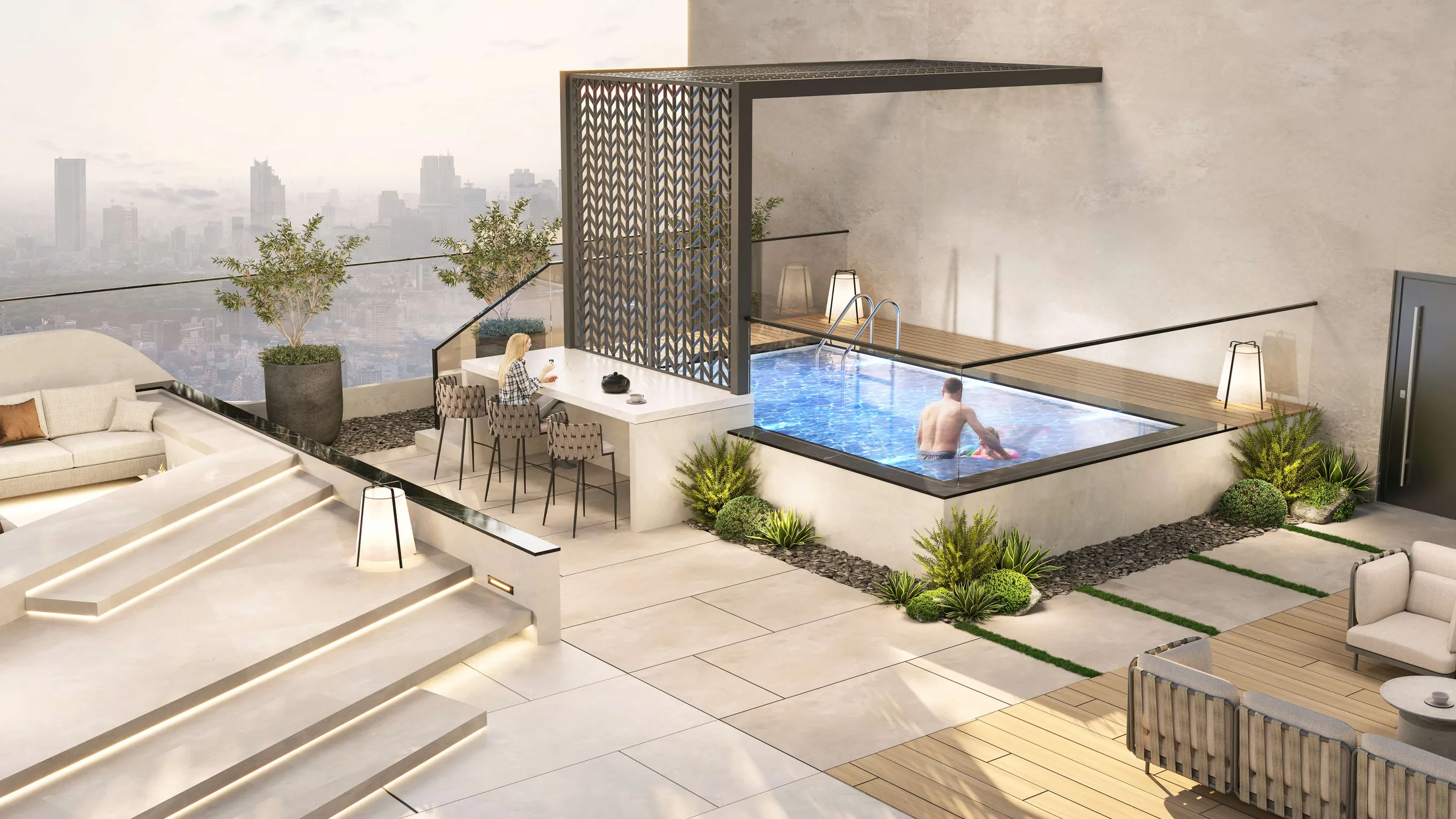Небольшой бассейн на крыше 99 Parkplace с барной стойкой