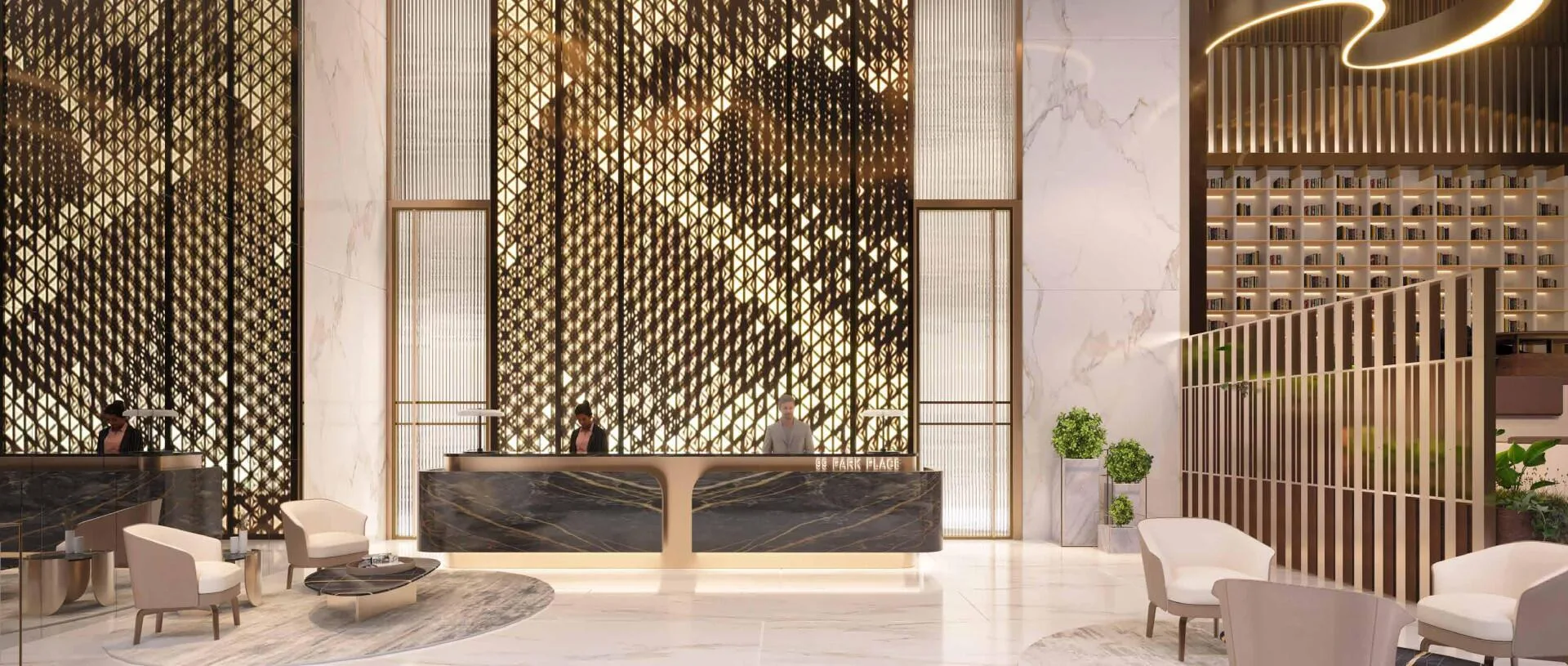 Ресепшен 99 Parkplace: мраморная стойка и резные панели