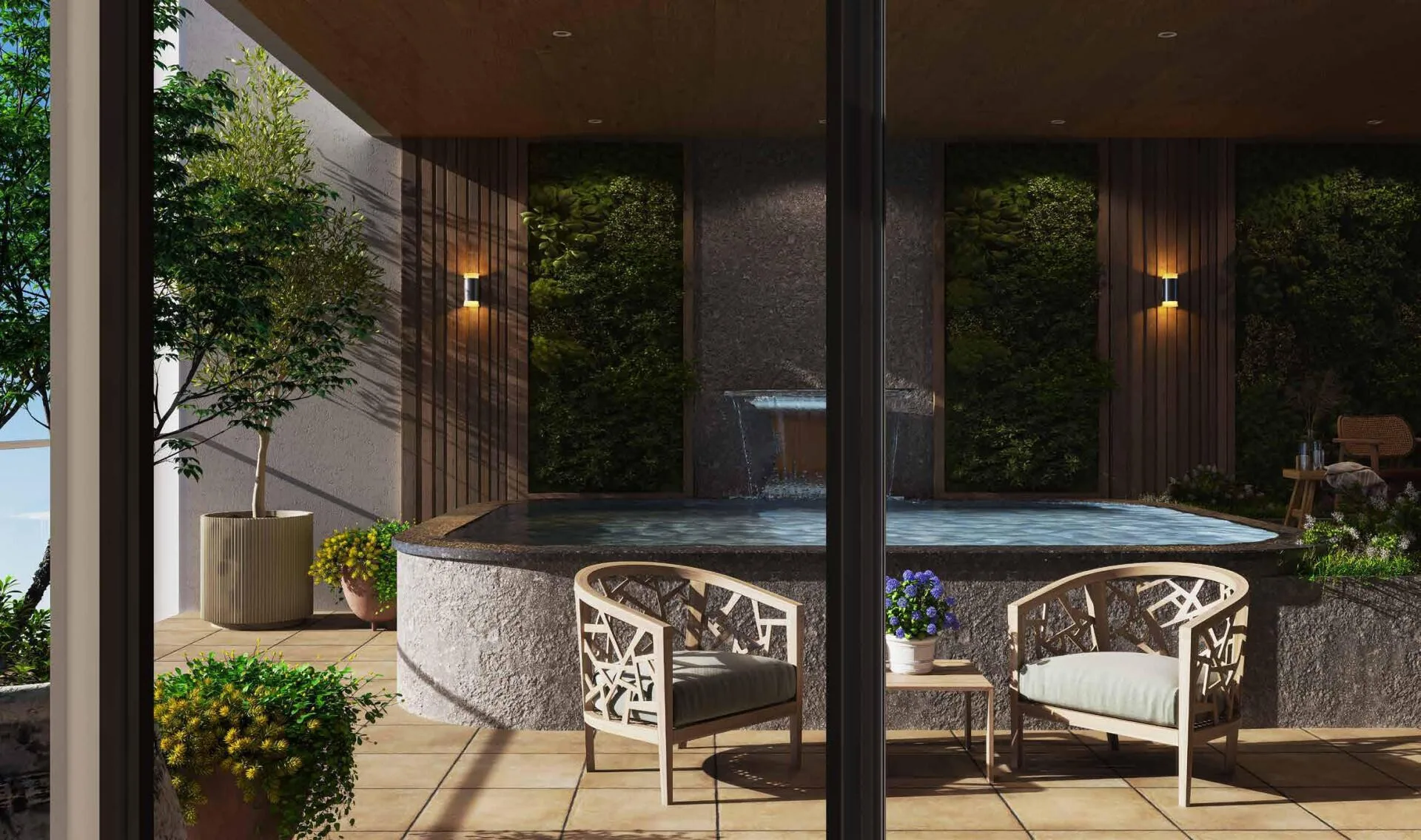 Терраса квартиры 99 Parkplace с собственным бассейном и зелёной стеной