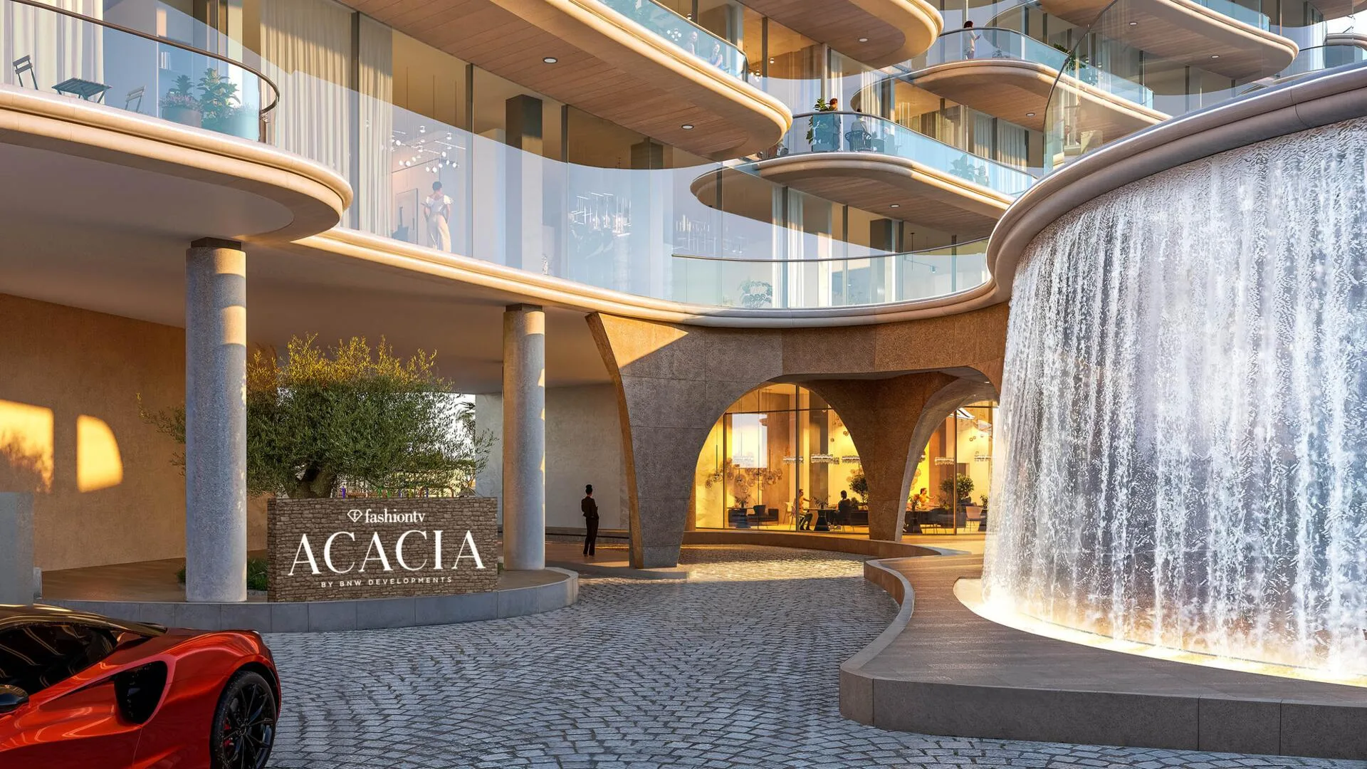 Главный вход Acacia by Fashion TV с вывеской ACACIA и водопадом