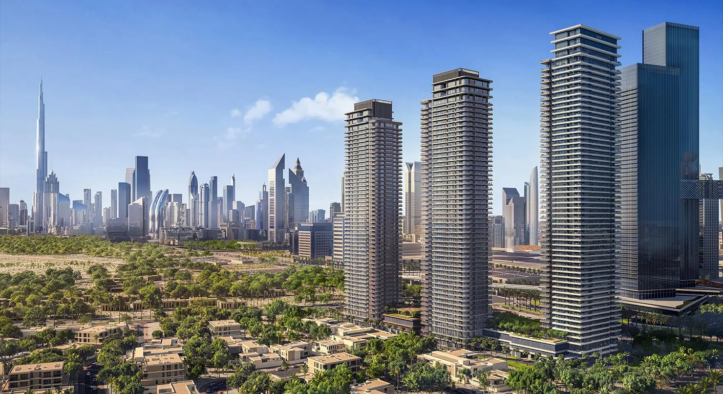 Башни Address Residences Zabeel днём над зеленью района Za'abeel