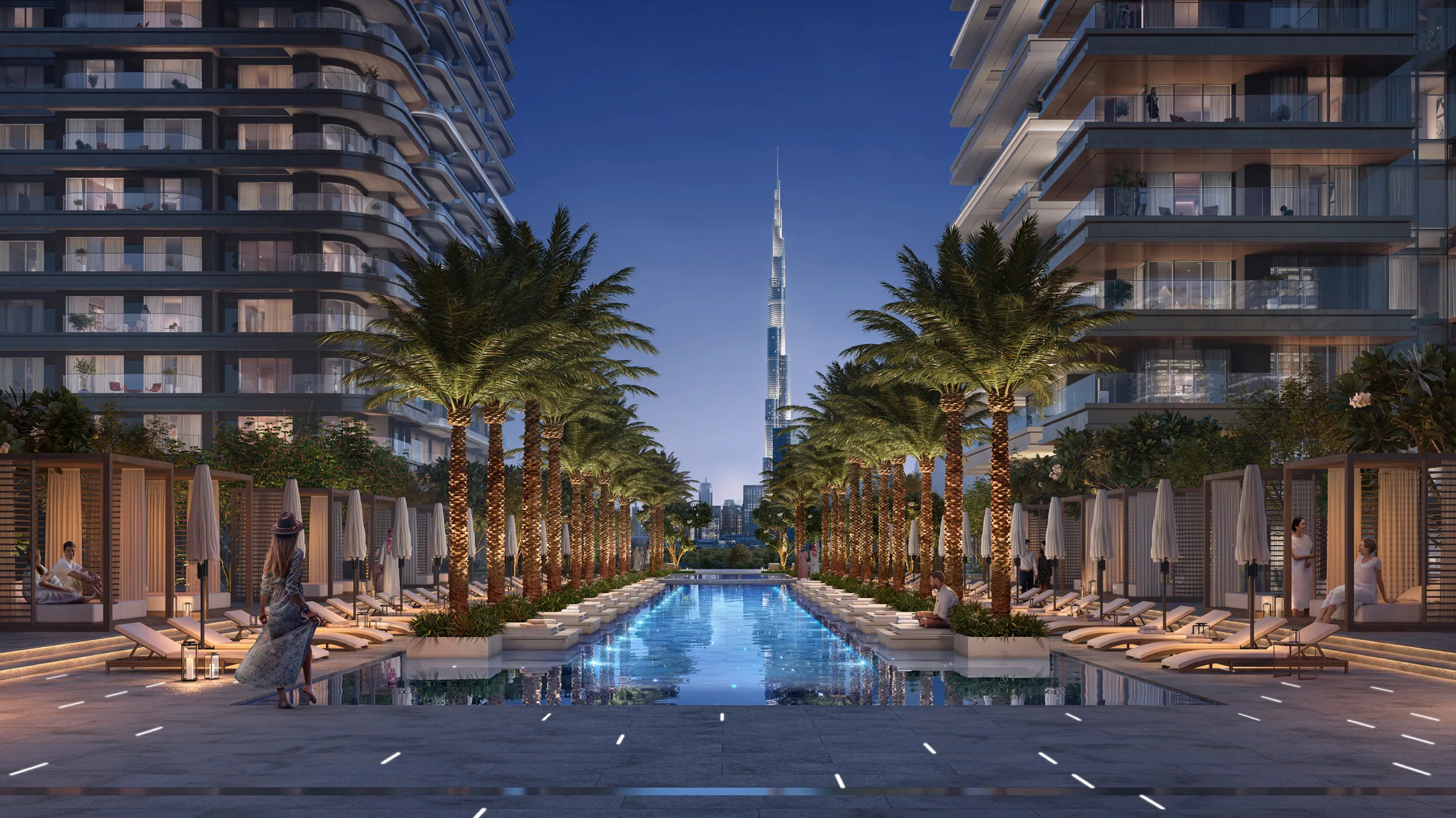 Длинный бассейн между башнями Address Residences Zabeel, в конце аллеи пальм Бурдж-Халифа