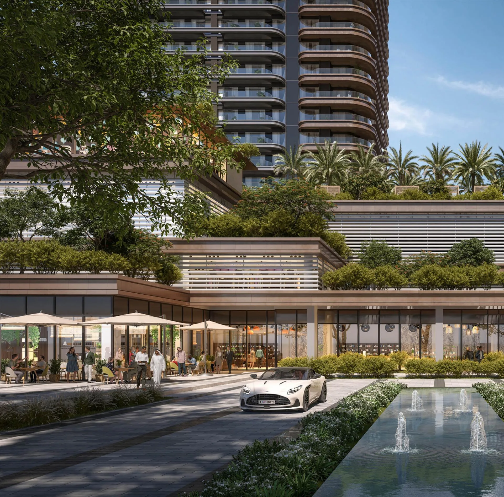 Подиум Address Residences Zabeel: кафе под зонтами, сады на террасах и фонтаны
