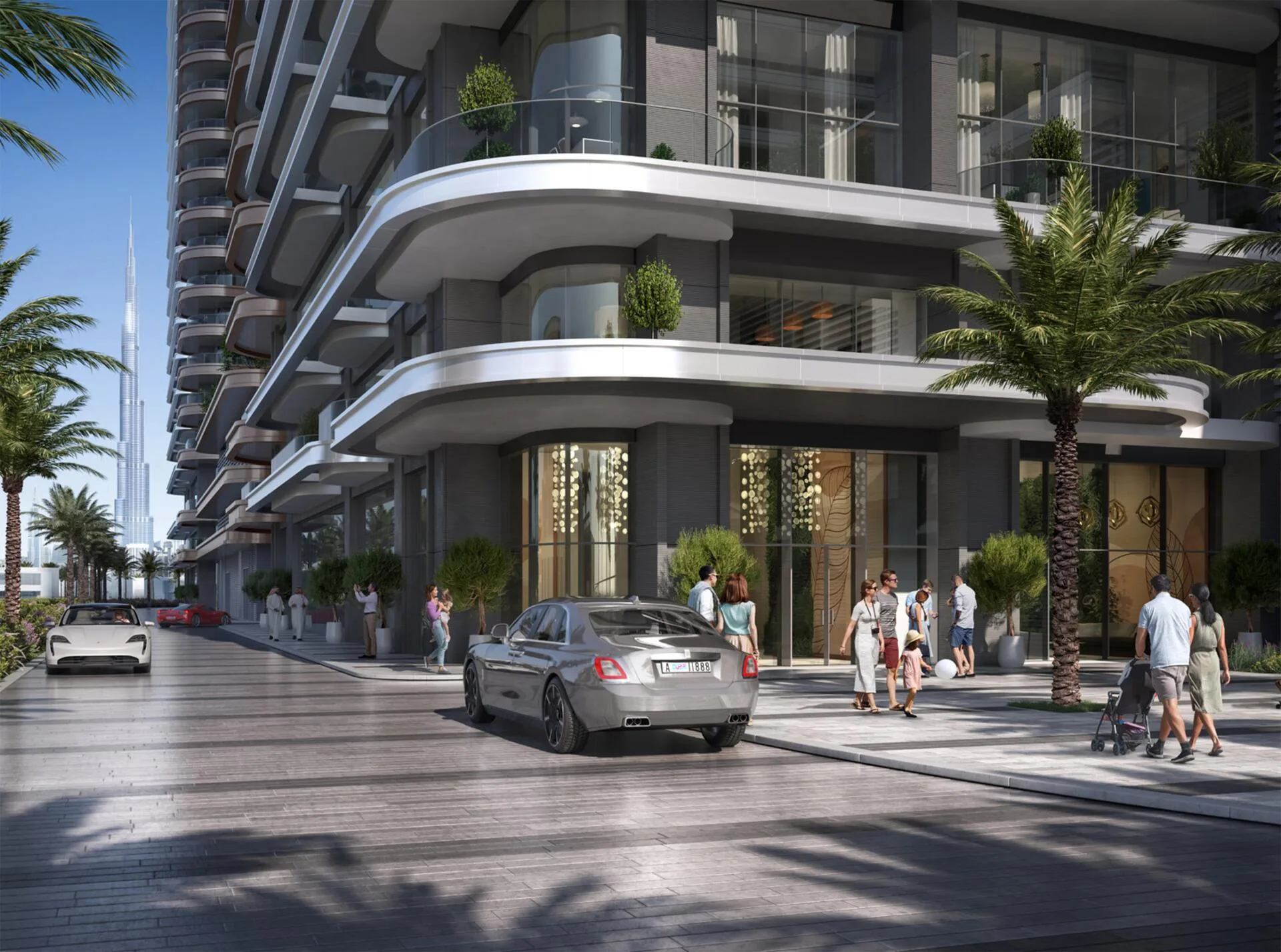Подъезд к башне Address Residences Zabeel: закруглённые балконы и пальмы