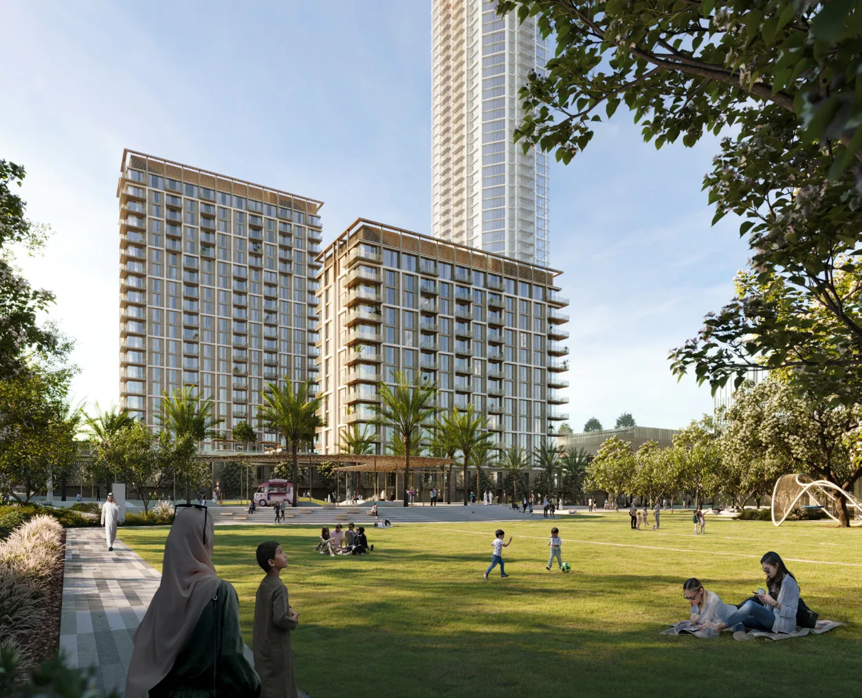 Корпуса Aeon у лужайки. Визуализация Emaar
